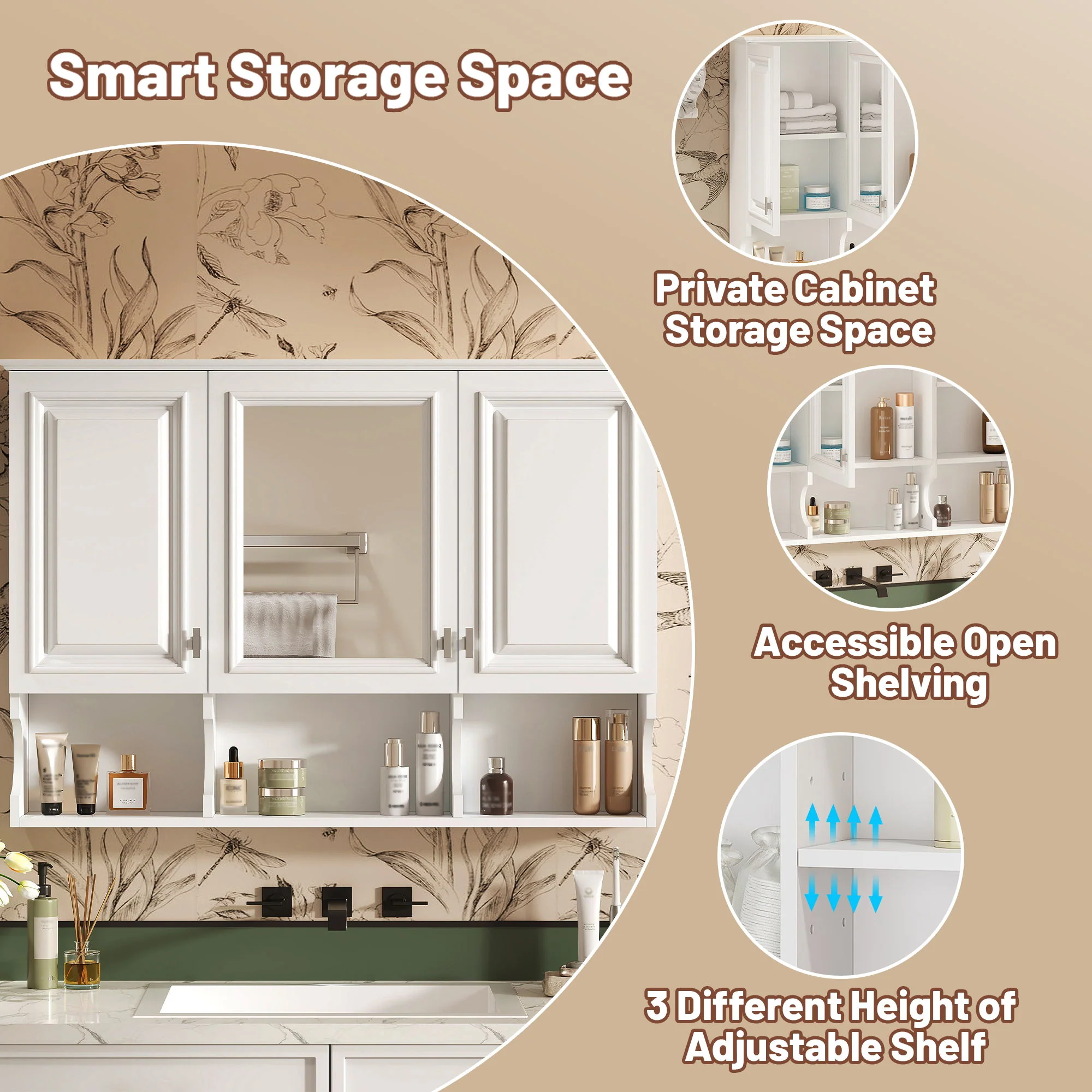 Modern Wall Mounted Mirror Medicine Cabinet With Open Shelves, Adjustable Interior, Storage Over Toilet - Image 9