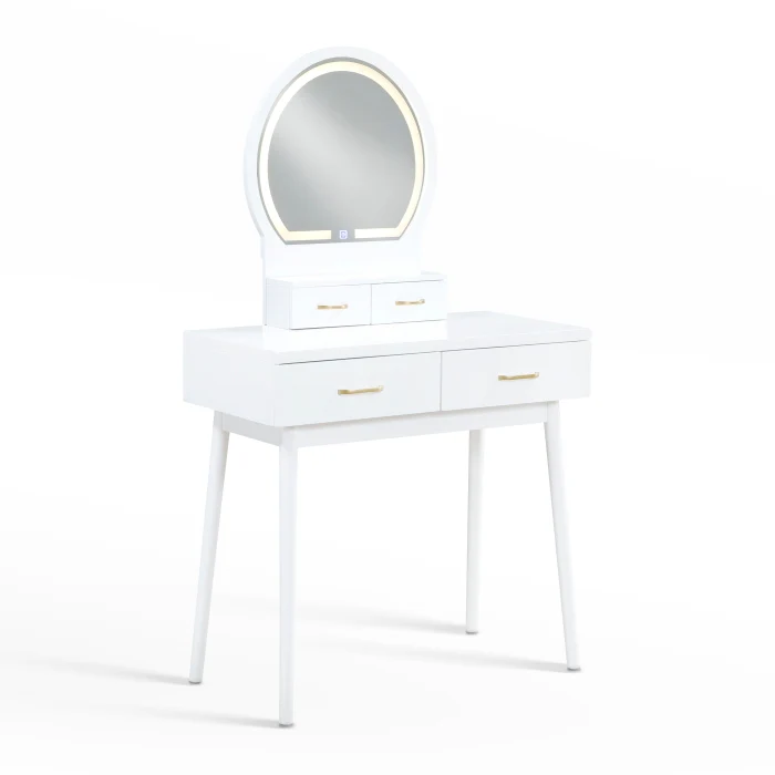 Modern White Dressing Table with LED Mirror and Upholstered Stool - Image 4