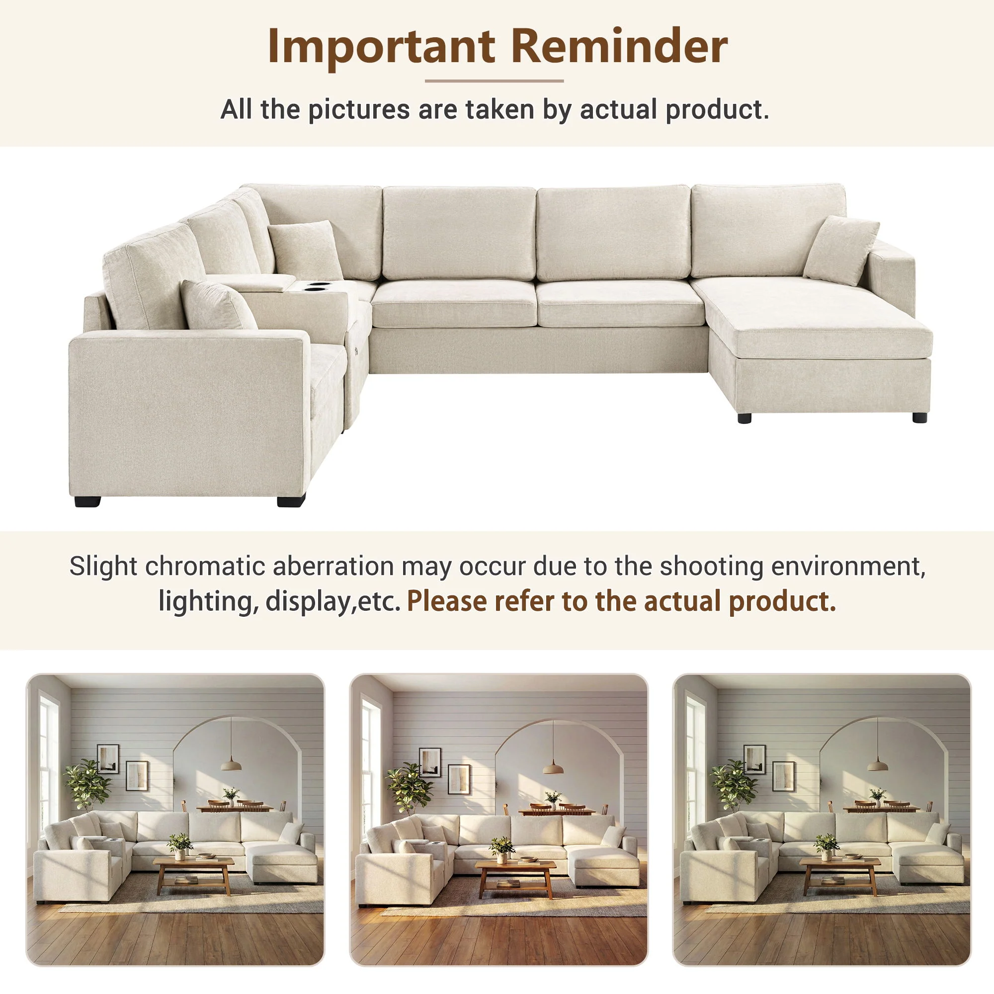 Modular 5 Seat U-Shape Sectional Sofa With Chaise Lounge, Built In Cup Holders And Storage Drawer - Image 4