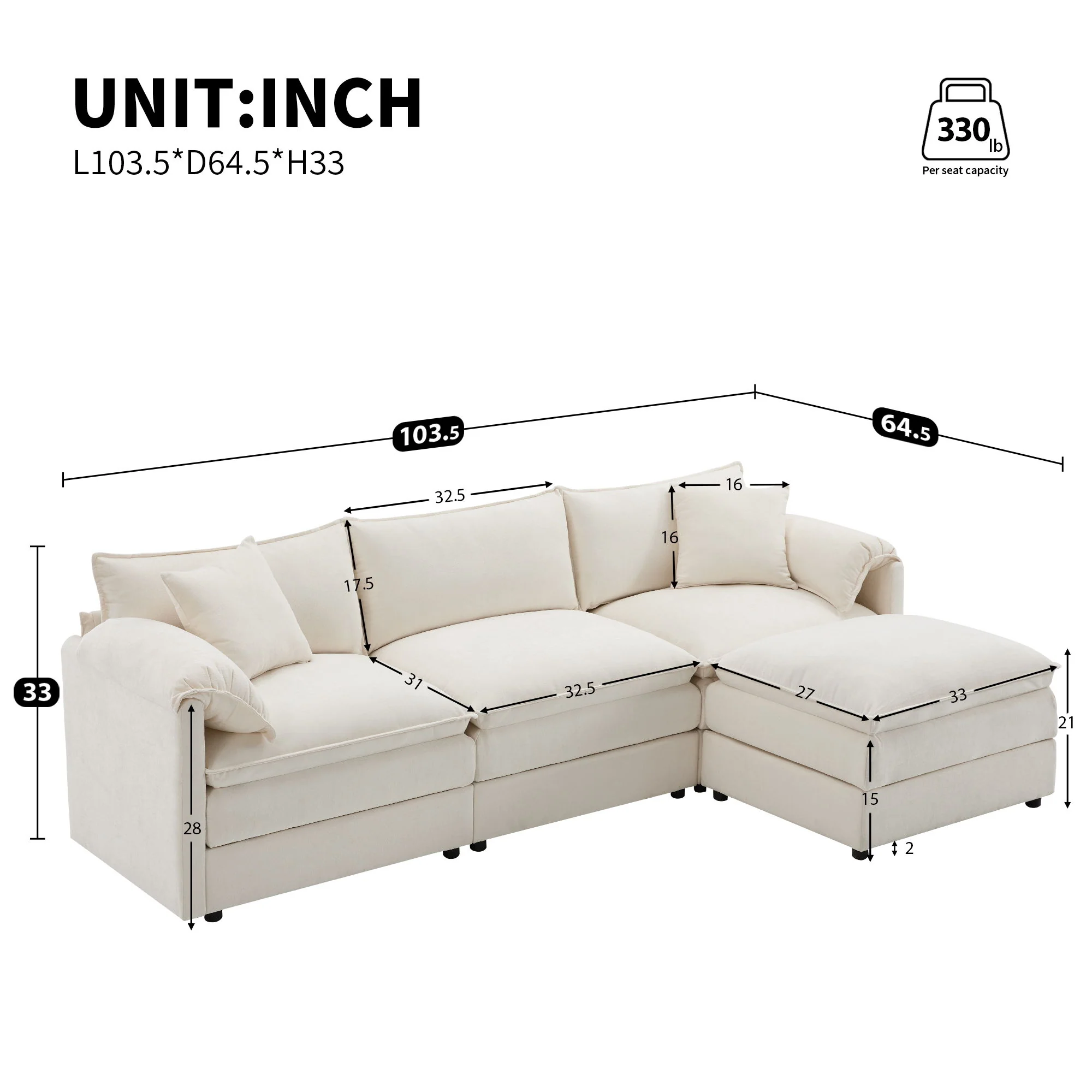 Modular Sectional With Deep And Wide Seat, Cloud Couch Set With Double Cushions Sofa With Movable Ottoman - Image 13