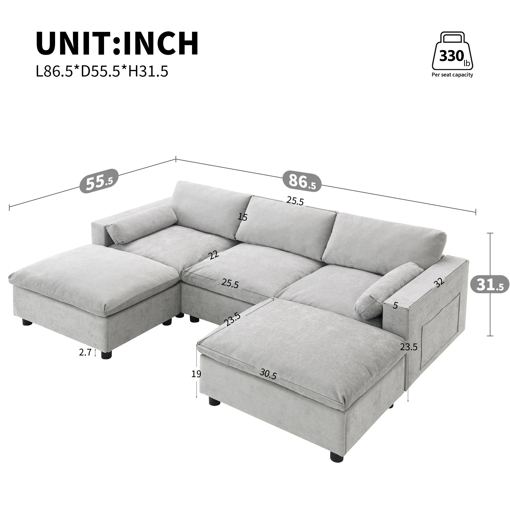 Modular Sectional With Storage Pockets, 5 Seat U Shaped Couch Set With Pillows, Free Combination Modern Cloud Sofa With 2 Movable Ottoman - Image 5