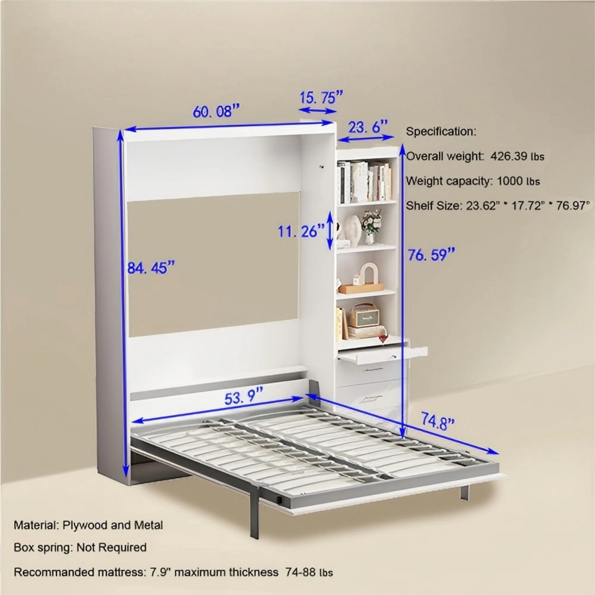 Morden Deisgn Vertical Murphy Bed With Shelf And Drawers For Bedroom Or Guestroom Wall Bed Space Saving Hidden Bed With New Style Gas Struts - Image 7