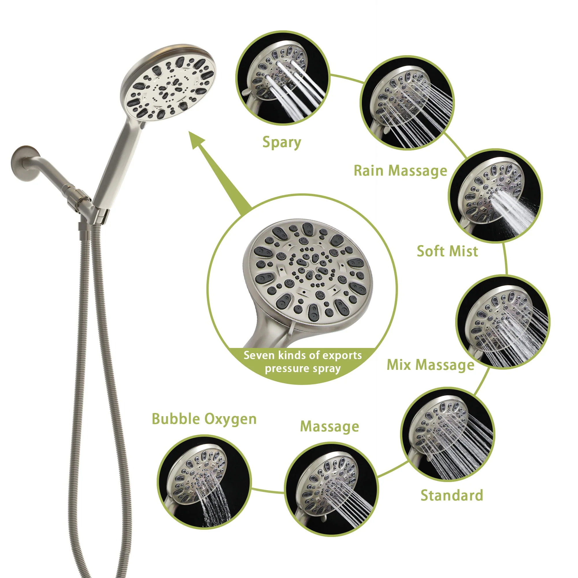 Multi Function Adjustable Hand Shower 7 Function Hand Shower, Wall Mounted - Brushed Nickel - Image 4