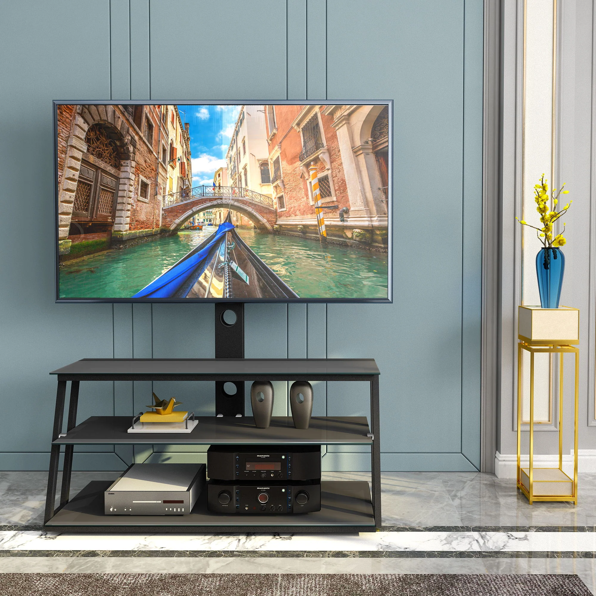 Multi-Function Angle And Height Adjustable Tempered Glass TV Stand - Black - Image 6