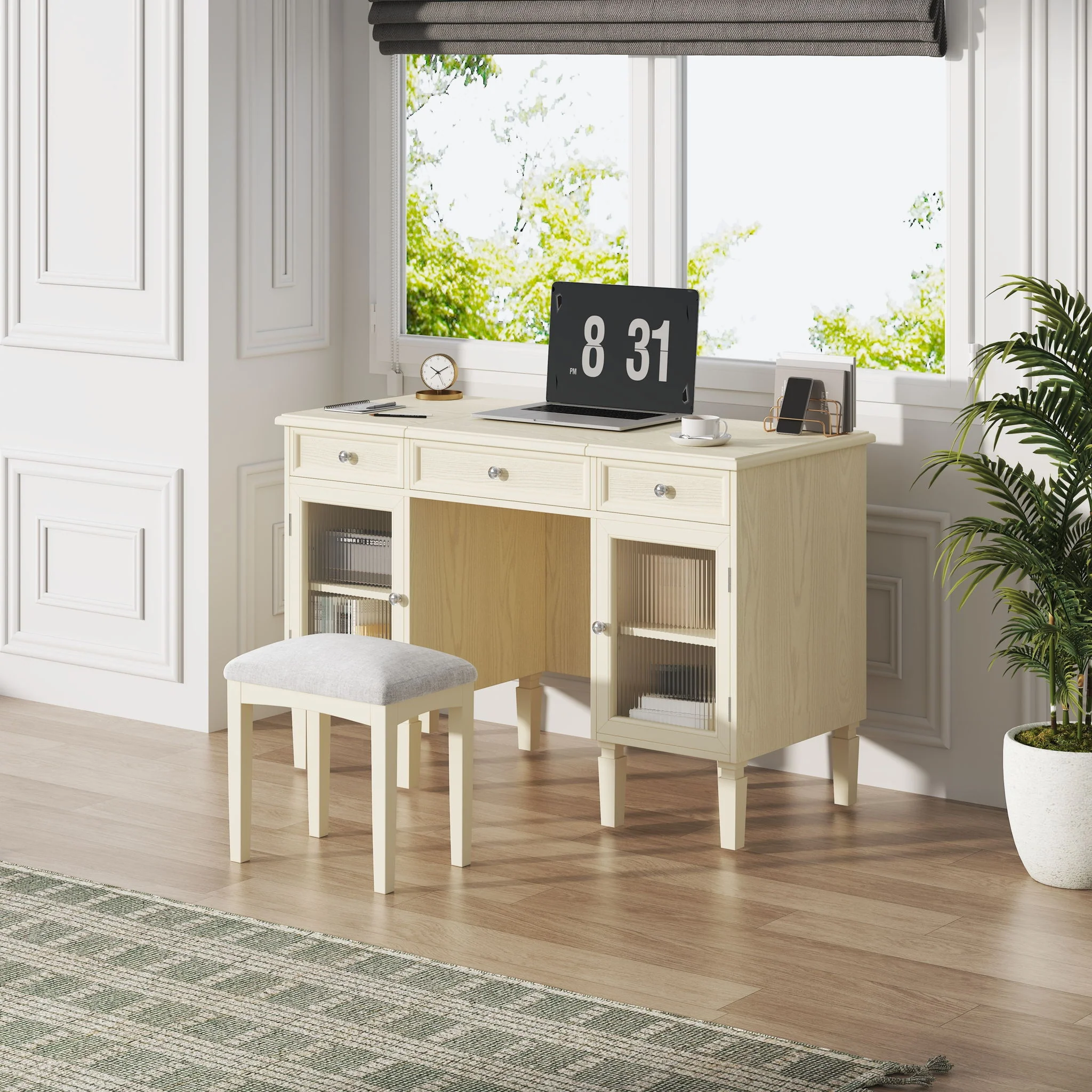 Multi Functional 2 In 1 Vanity Desk With Flip Top Mirror Material - White Oak - Image 5