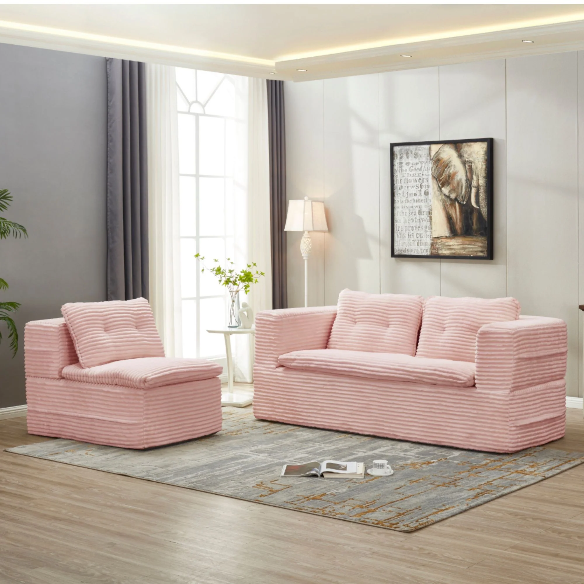 Multi Functional Sectional Sofa Bed With Independent Chaise Lounge And Functional Blanket, Convertible King Size Bed, Deep Seat - Baby Pink - Image 8