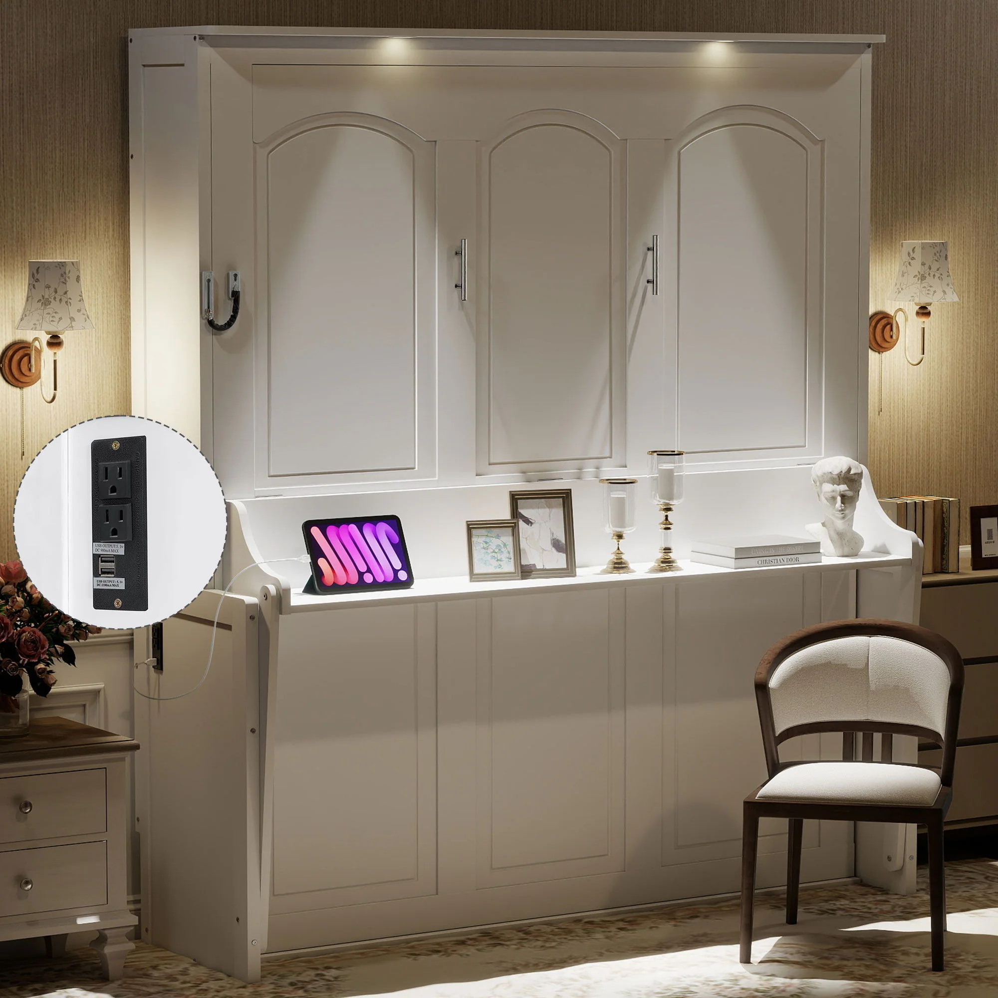 Murphy Bed With Desk, LED Lights & USB Charging Station - Image 6