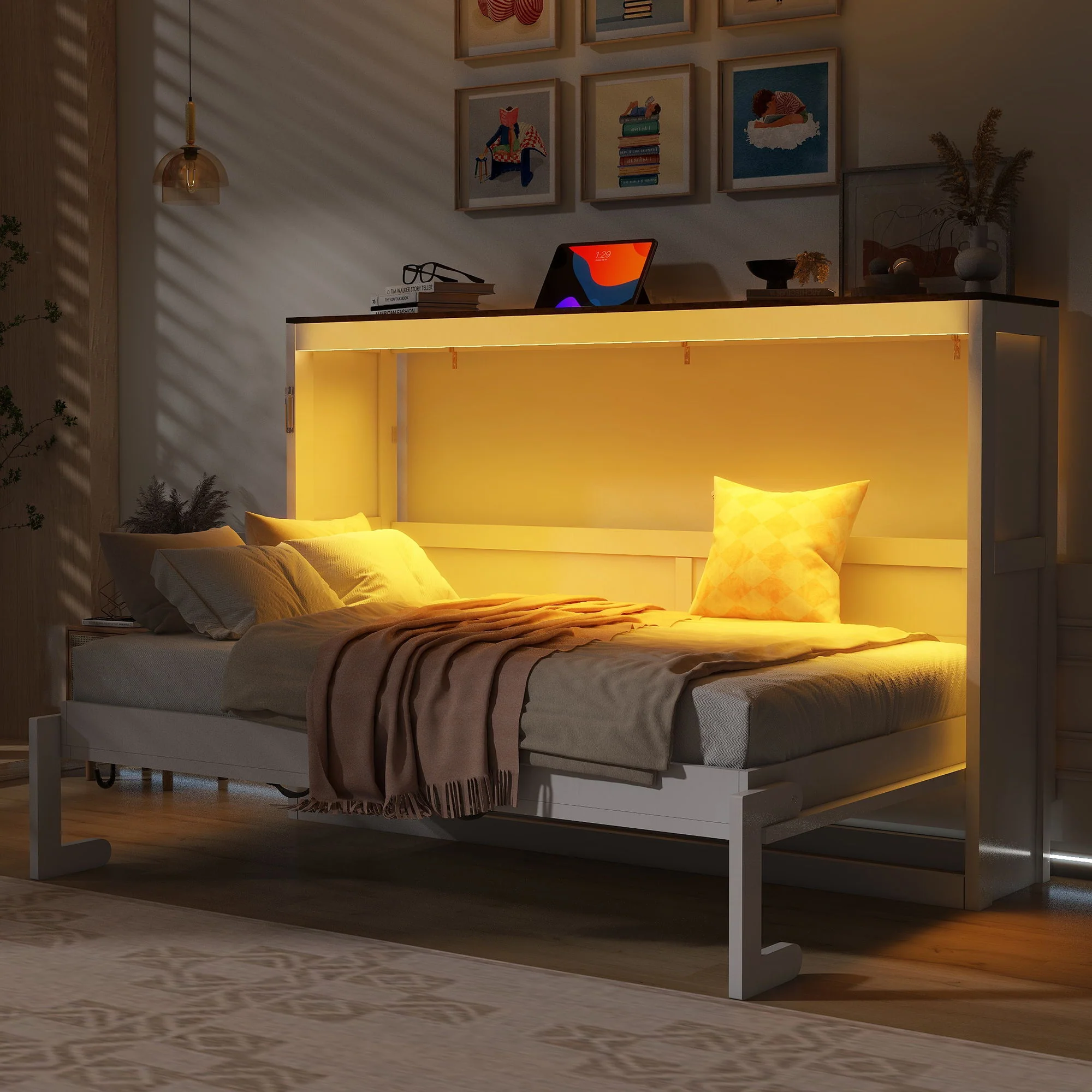 Murphy Bed With LED Light, Foldable Wall Bed Cabinet - Image 12