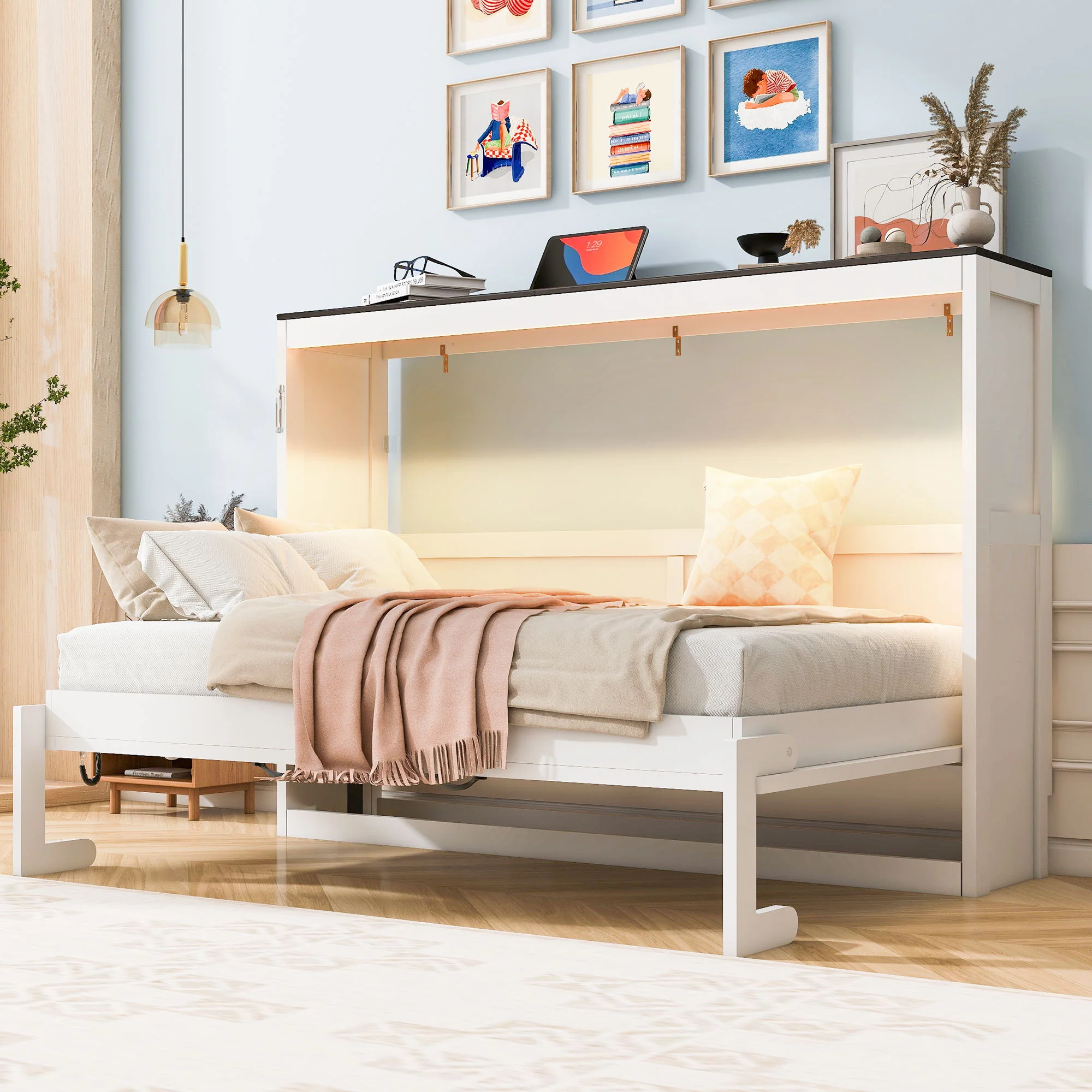 Murphy Bed With LED Light, Foldable Wall Bed Cabinet - Image 18