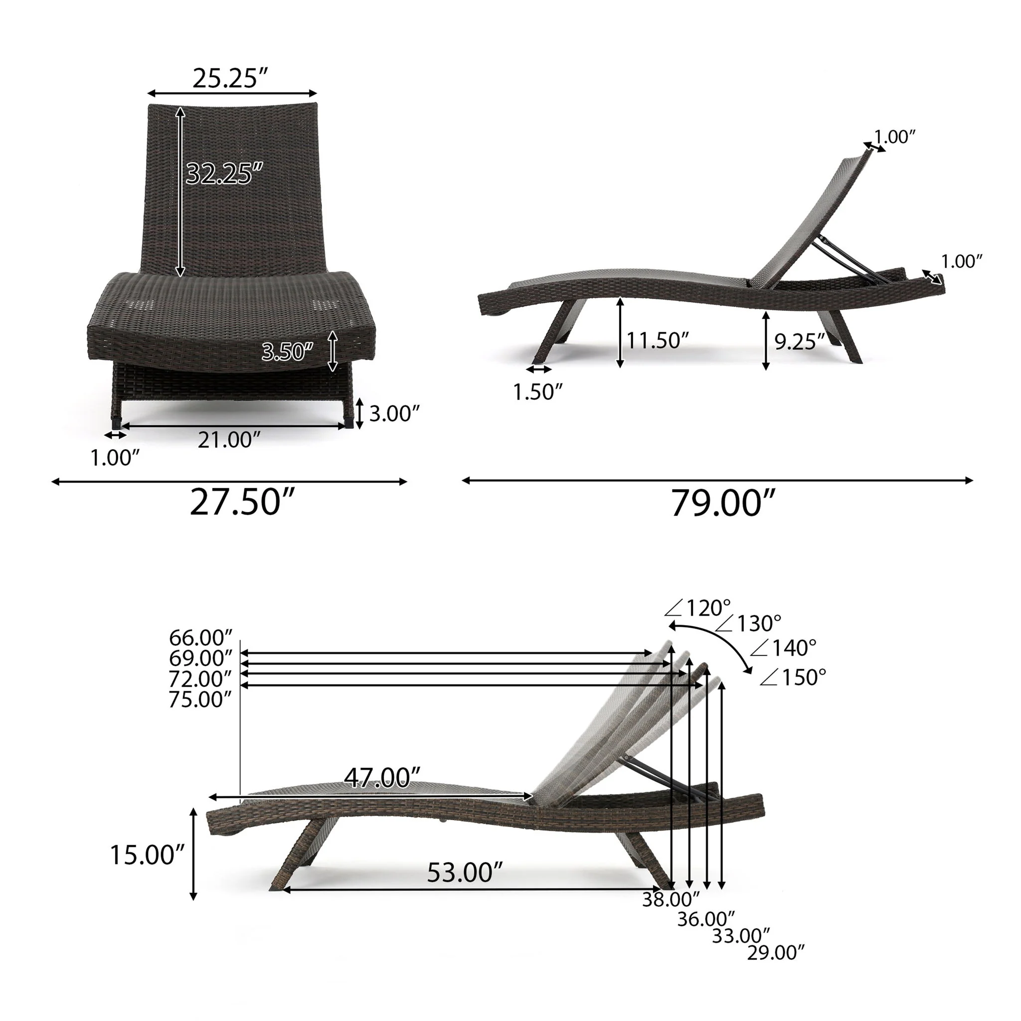 Mysticism Outdoor Chaise Lounge With Adjustable Backrest And Foldable Legs - Brown Multi - Image 8