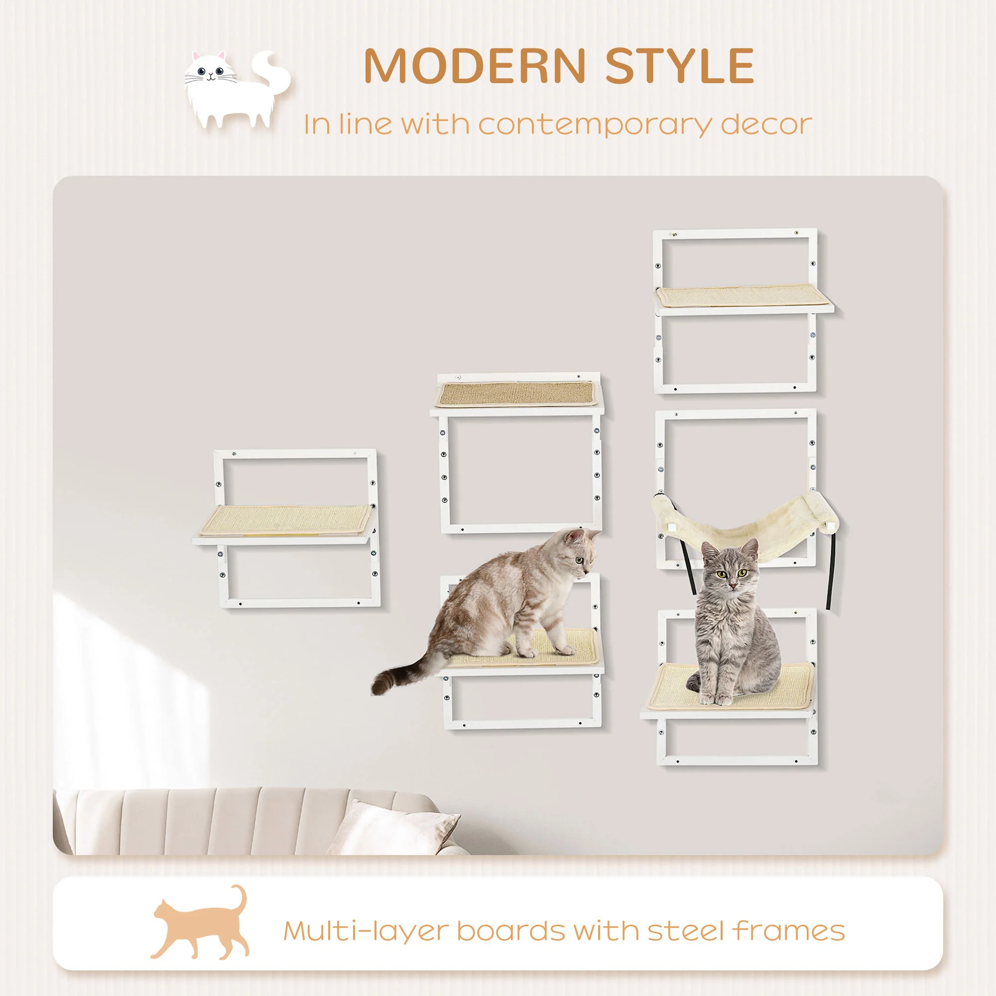 Naos 6-Piece Wall-Mounted Cat Shelves with Plush Hammock and Perches - Image 5