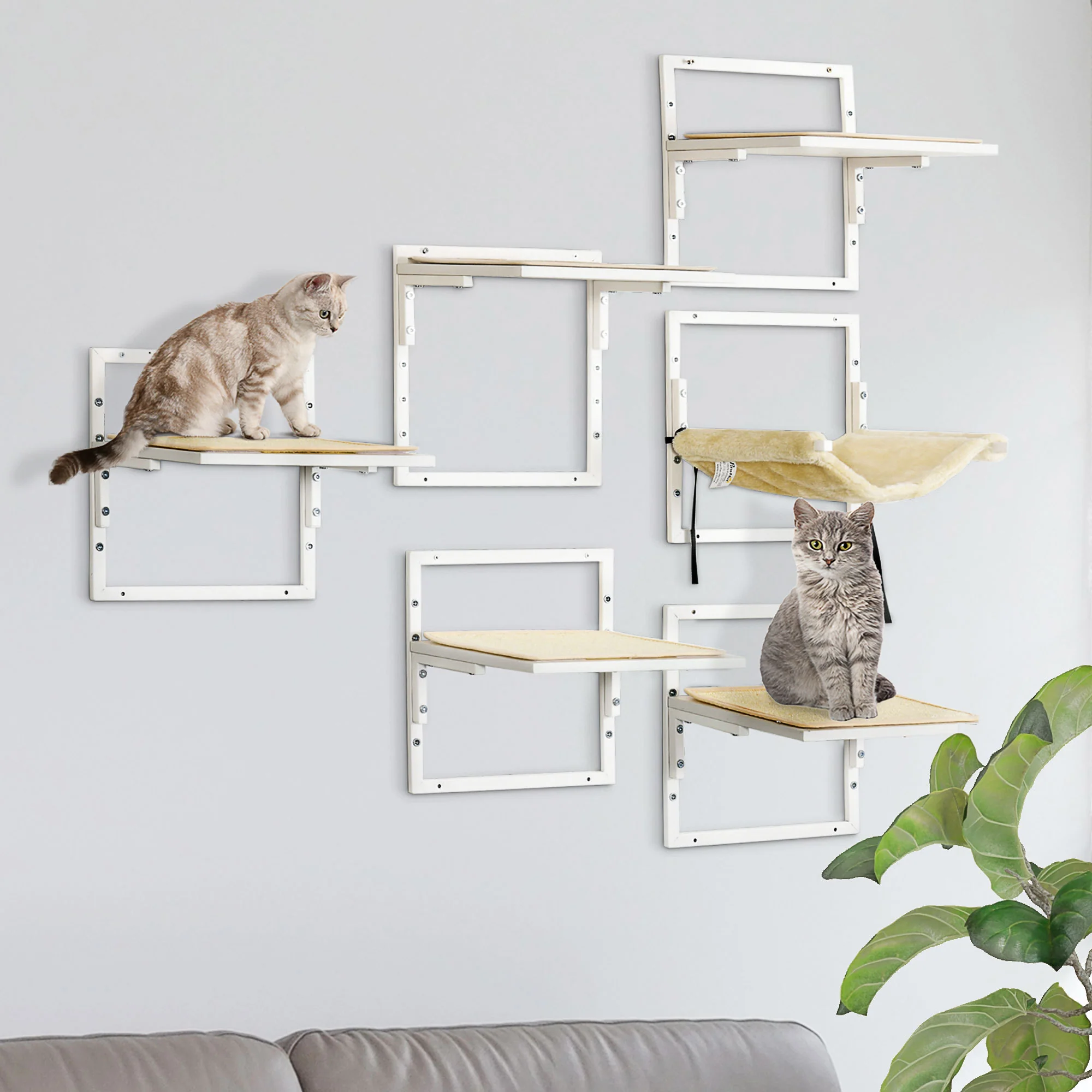 Naos 6-Piece Wall-Mounted Cat Shelves with Plush Hammock and Perches - Image 6