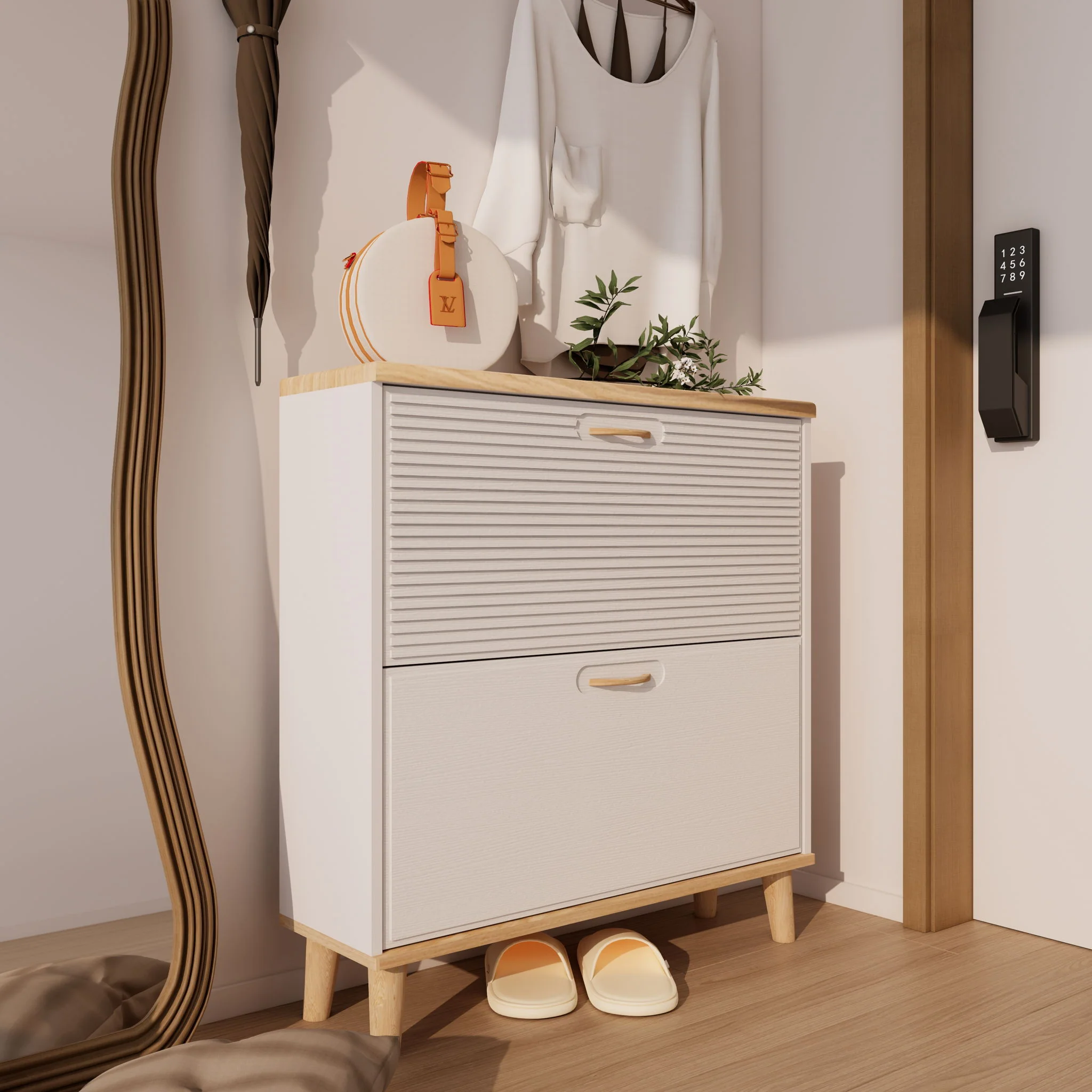 Narrow - Entryway Shoe Storage Cabinet With 2 Flip Drawers Legs - Natural / White - Image 5