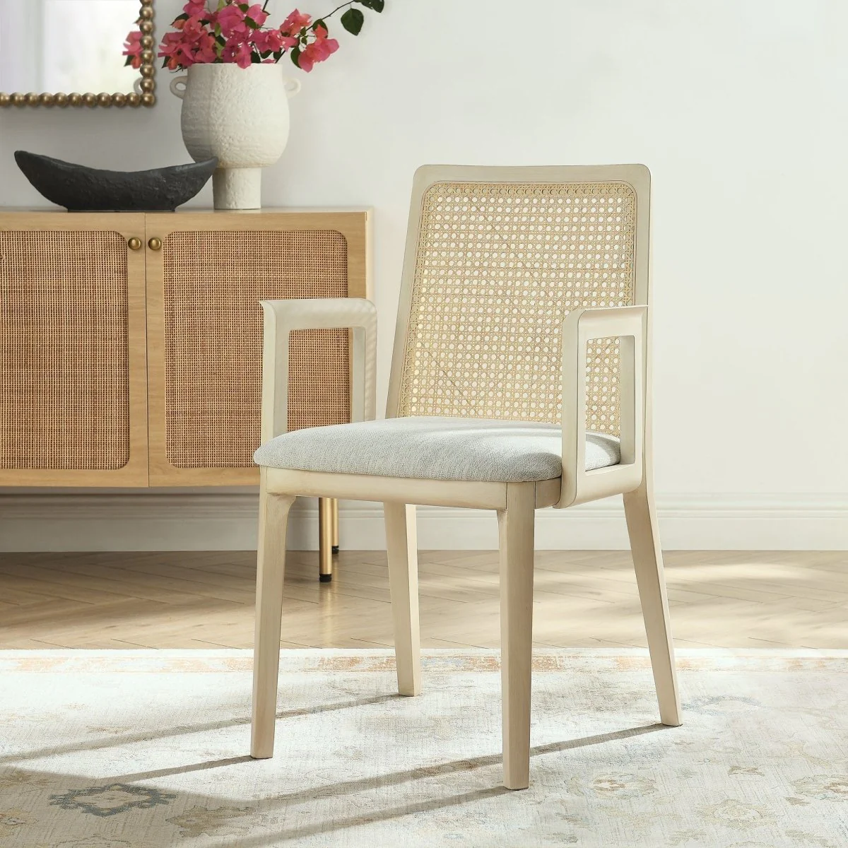 Natural Beech Wood and Rattan Cane Back Dining Armchair - Image 9