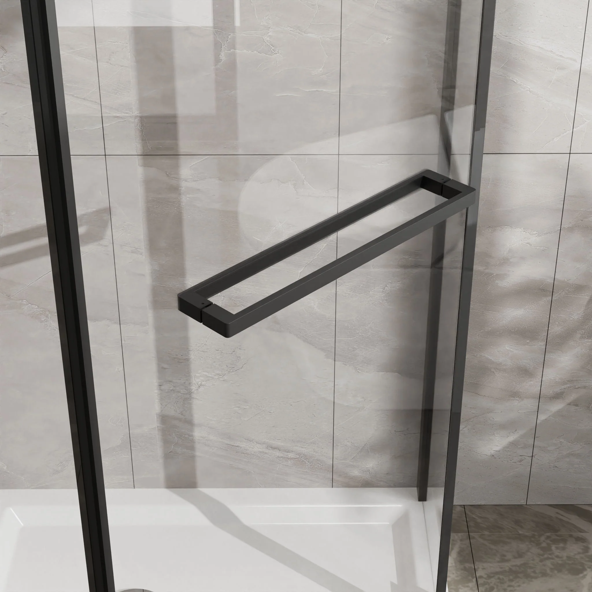 Neo Angle - Frameless Shower Door With White Acrylic Shower Base Combo - Matte Black - Image 6