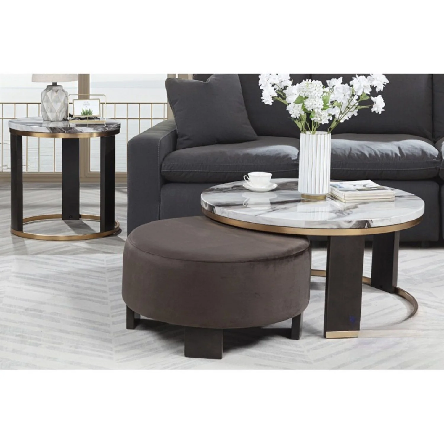 Nesting Round Coffee Table With Ottoman (Set of 2) - Gold / Brown - Image 7