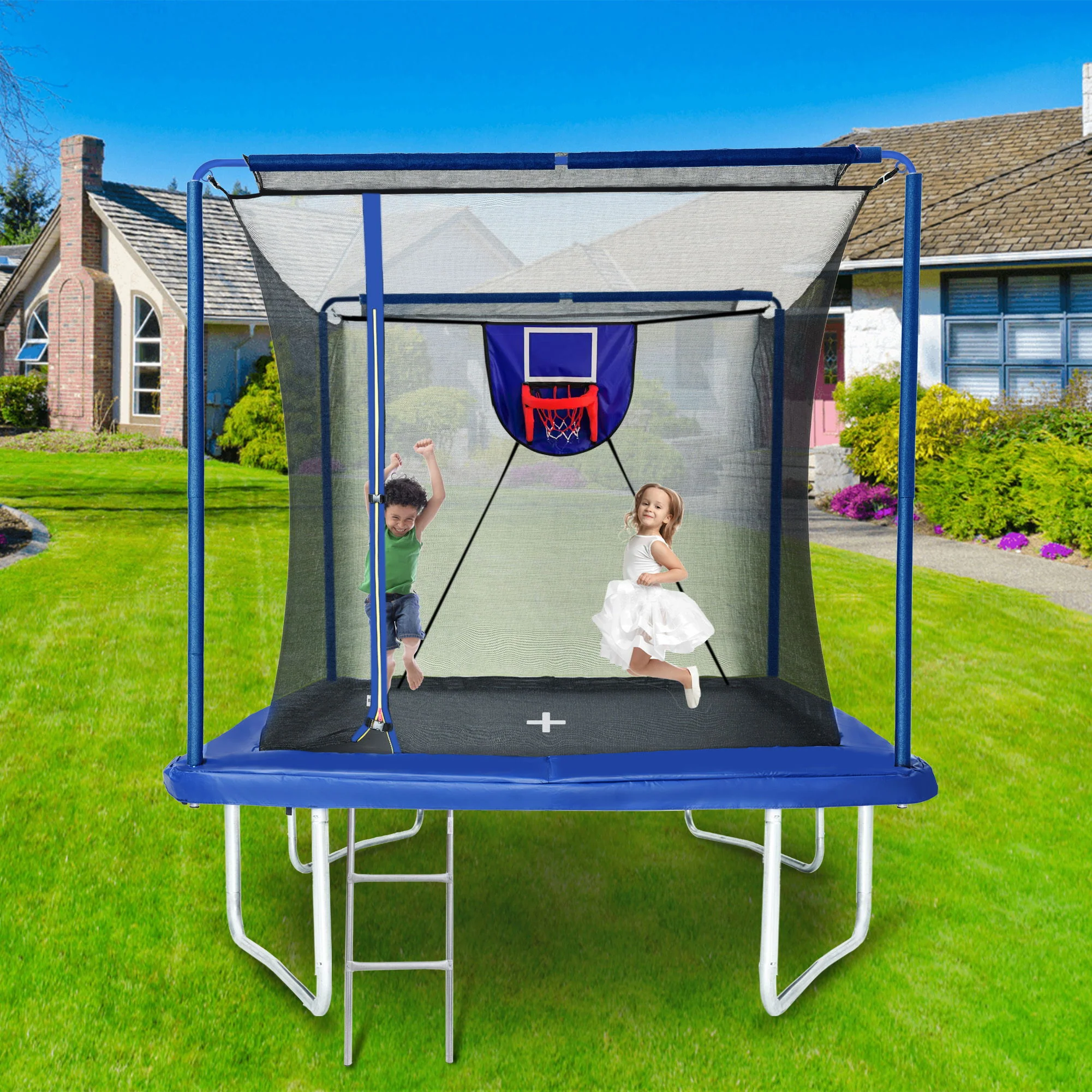 New Yc 8Ft By 12Ft Rectangular Trampoline With Basketball Board, Ball Inflater And Ladd Astm Standard Tested And Cpc Certified - Blue - Image 2