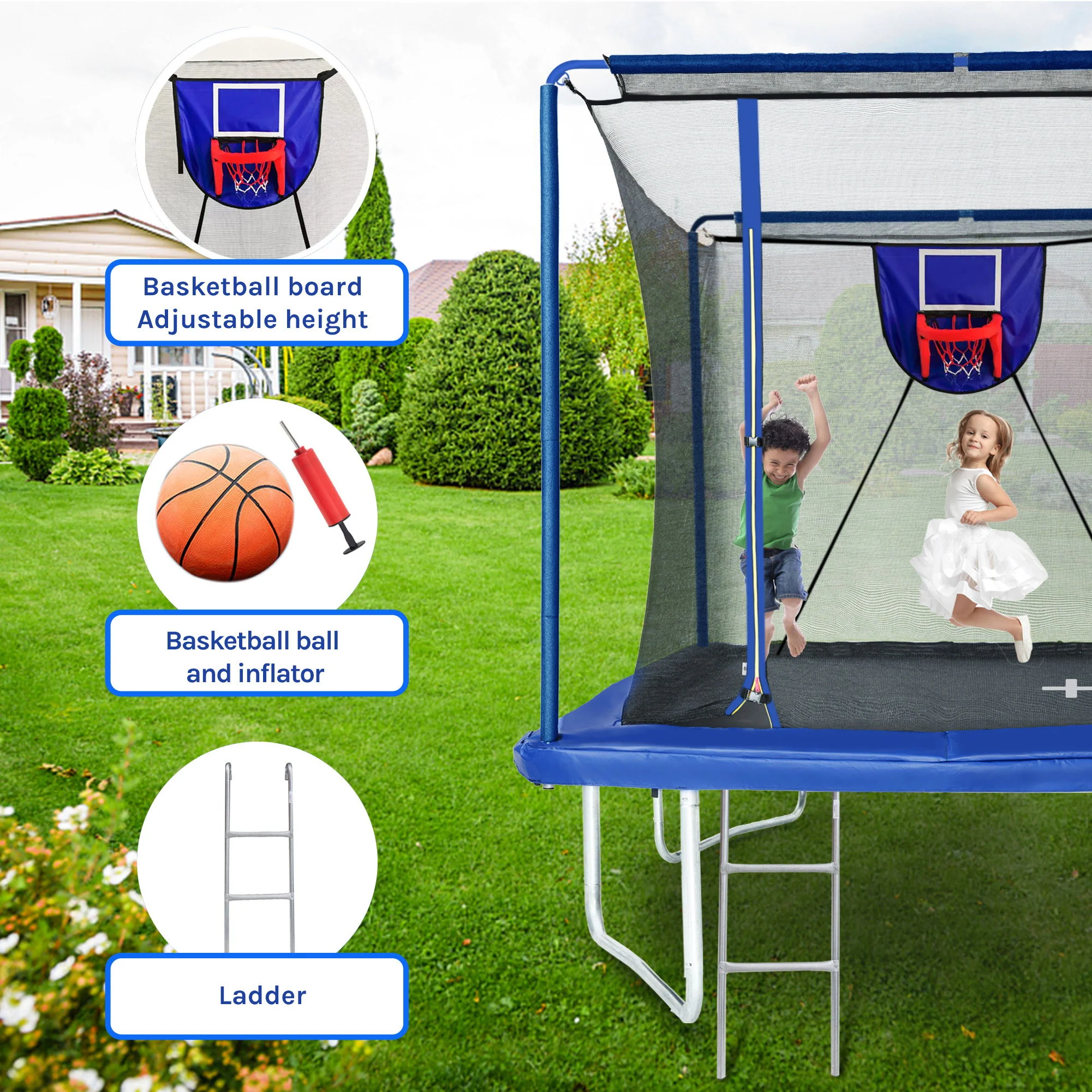 New Yc 8Ft By 12Ft Rectangular Trampoline With Basketball Board, Ball Inflater And Ladd Astm Standard Tested And Cpc Certified - Blue - Image 6