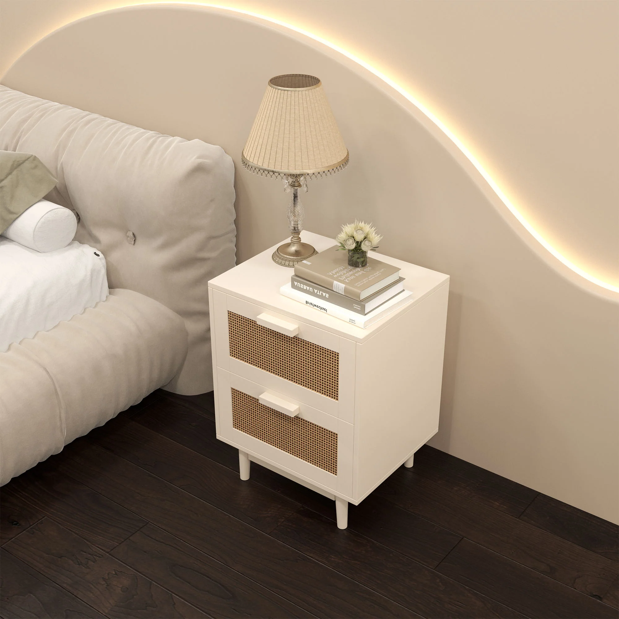 Nightstand With 2 Drawers, Storage Side Table For Bedroom - Antique Natural / Rattan - Image 2