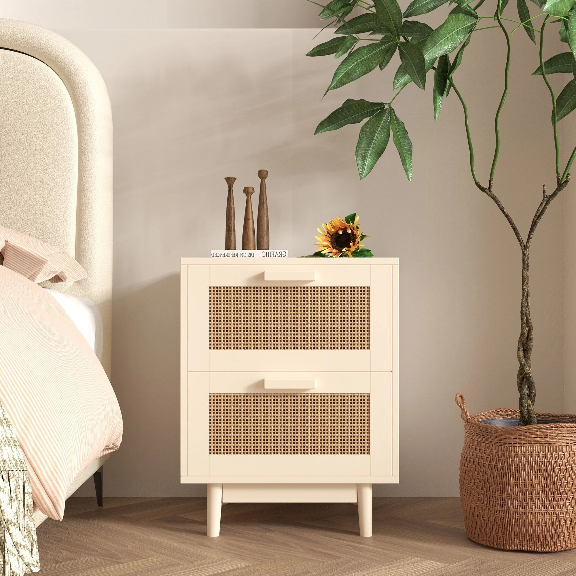Nightstand With 2 Drawers, Storage Side Table For Bedroom - Antique Natural / Rattan - Image 8