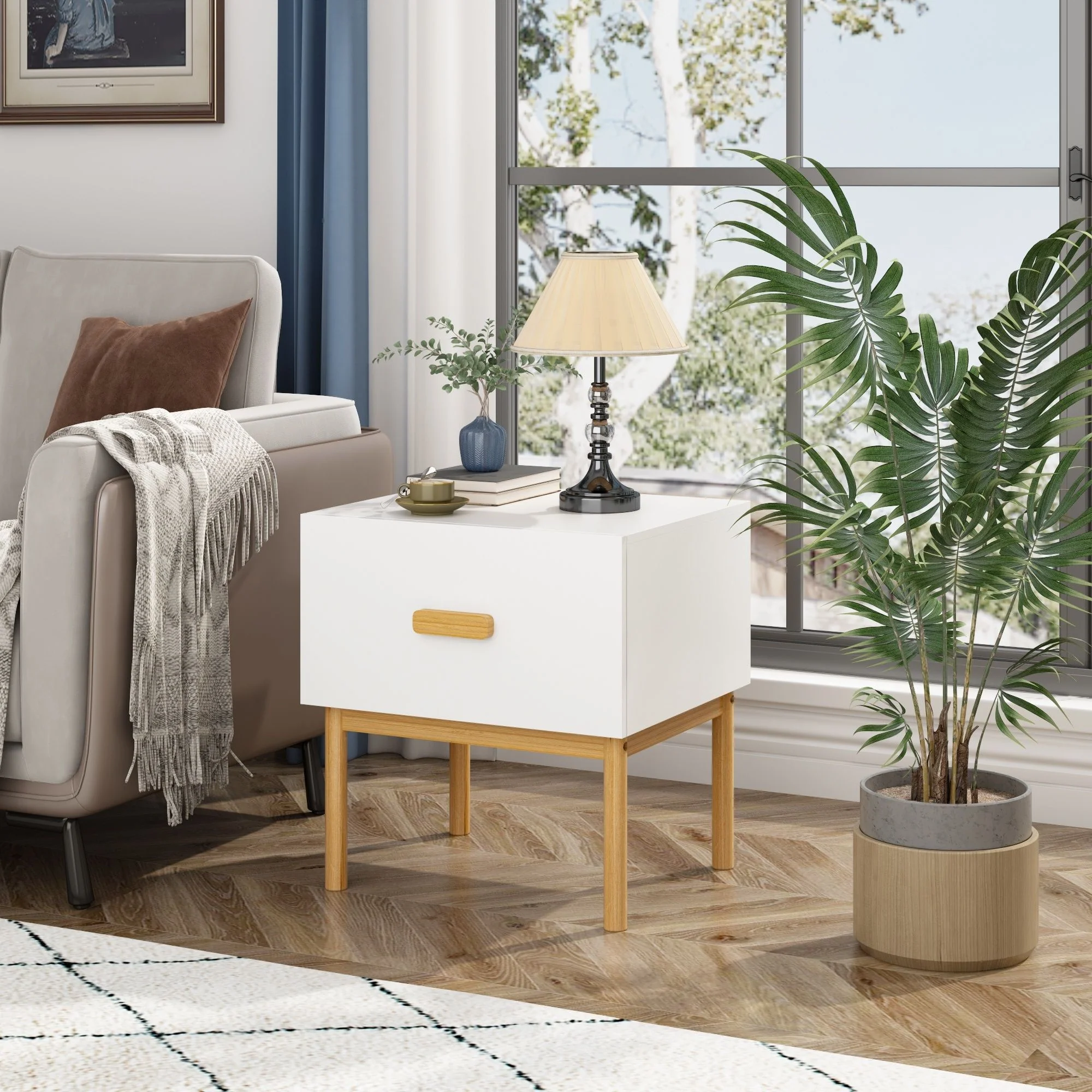 Nightstand With Drawer, Minimalist Bedside Table With Handle For Bedroom - White - Image 8
