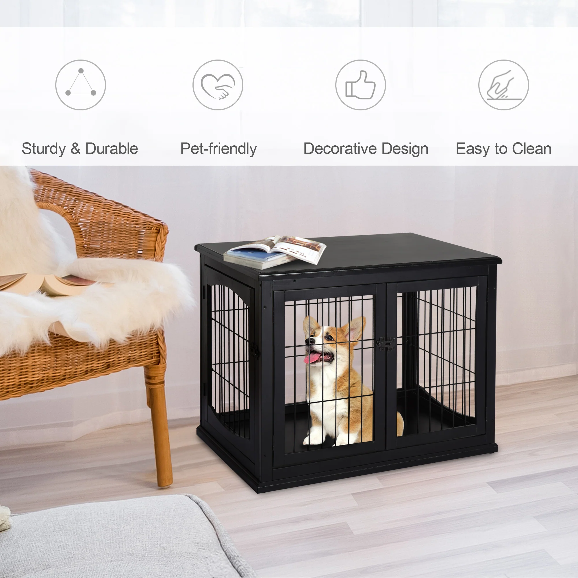 Nyx 32-Inch Dual-Entry Black Dog Crate End Table with Arched Decorative Windows - Image 5