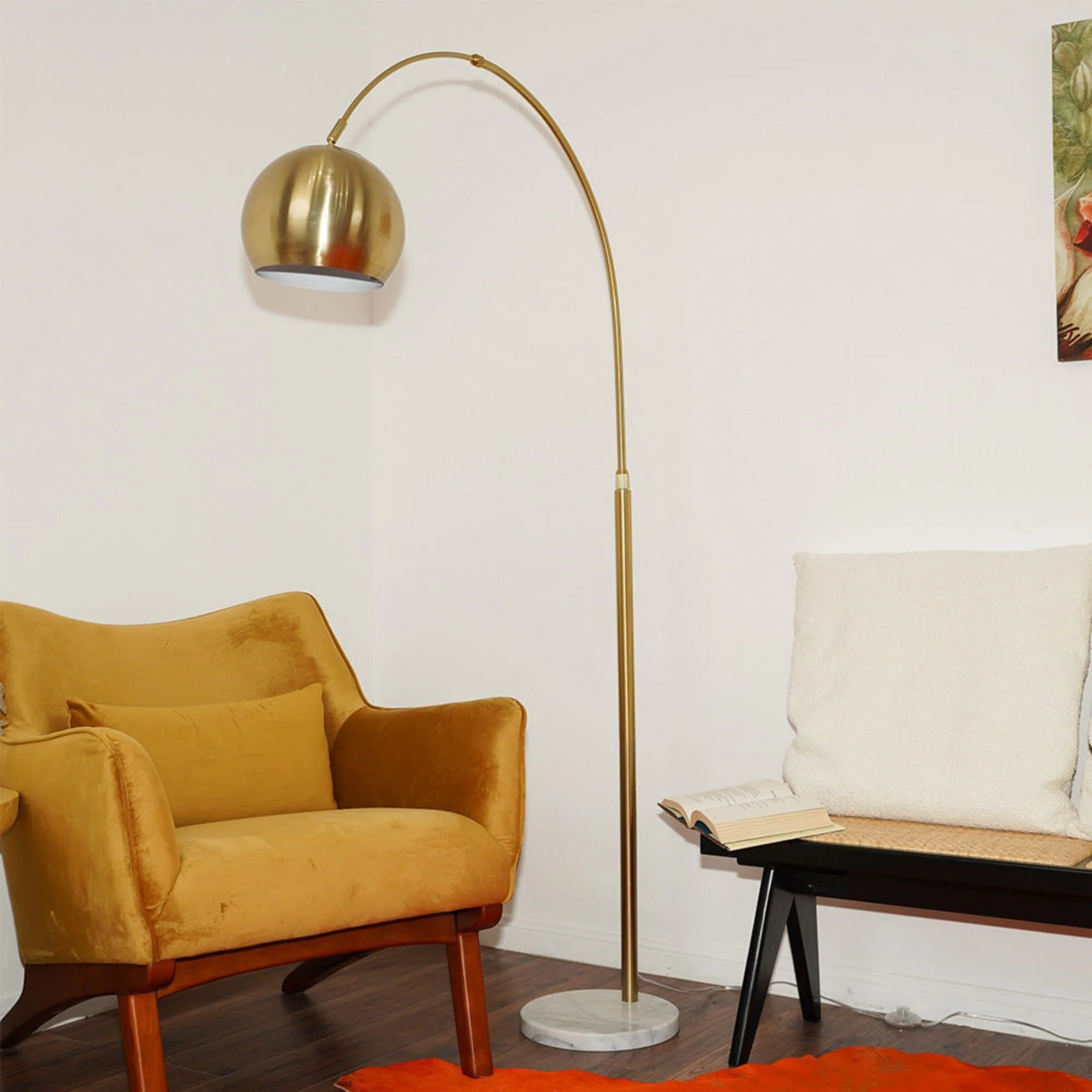 Oasis - Long Arm Gold Adjustable Floor Lamp With Round Marble Base - Gold / White Marble - Image 5