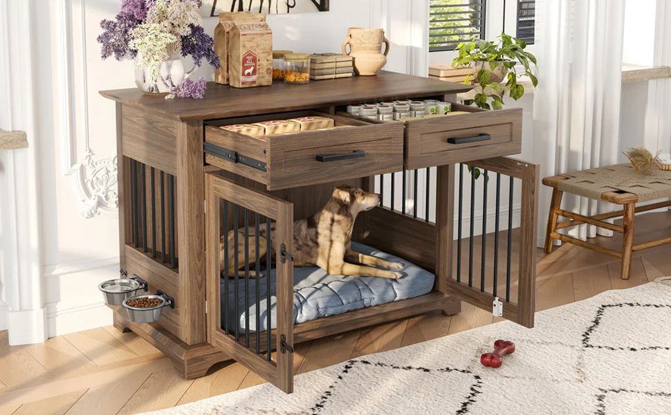Obsidian 44-Inch Dog Crate Furniture End Table with 2 Drawers and Swivel Bowls - Image 10