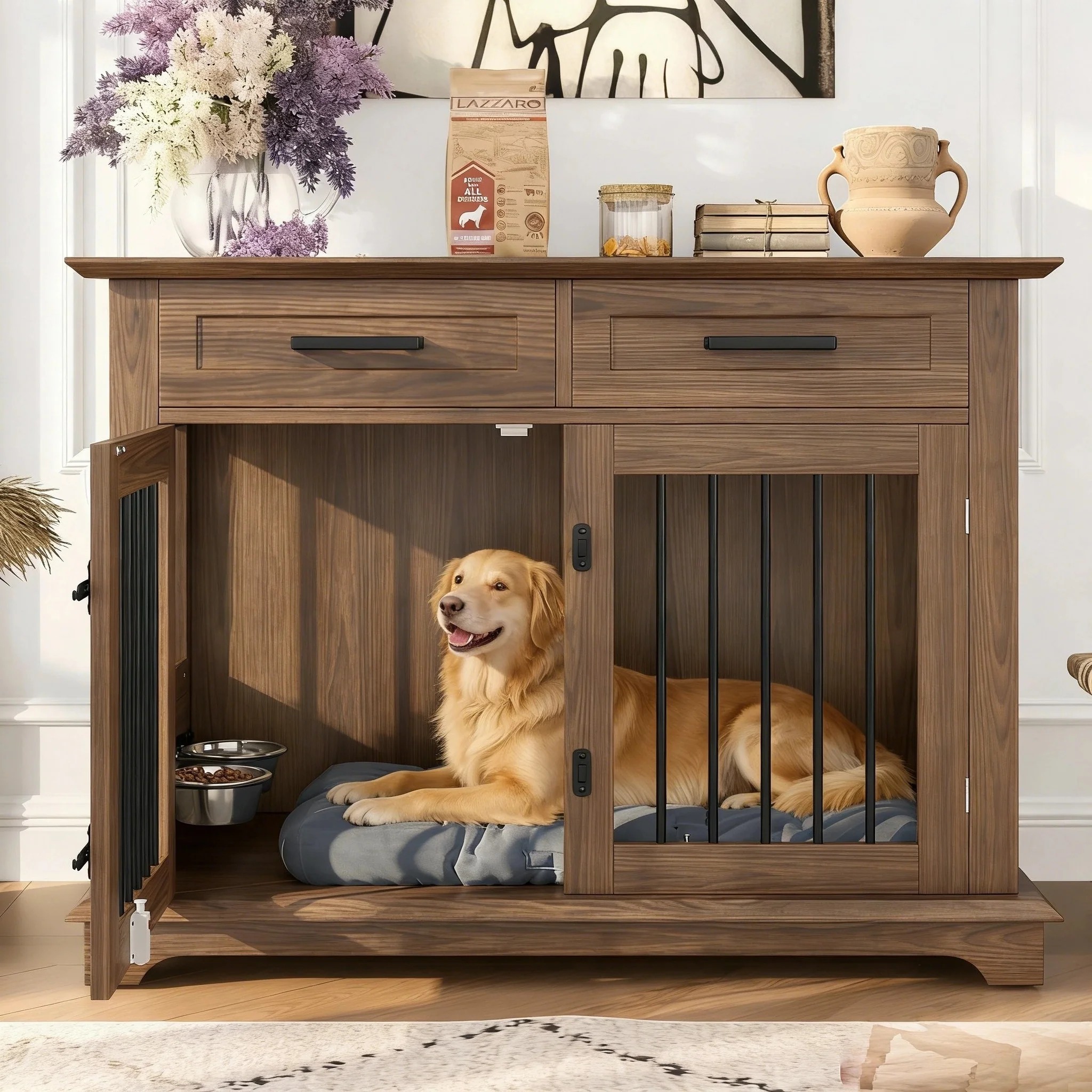 Obsidian 44-Inch Dog Crate Furniture End Table with 2 Drawers and Swivel Bowls - Image 2