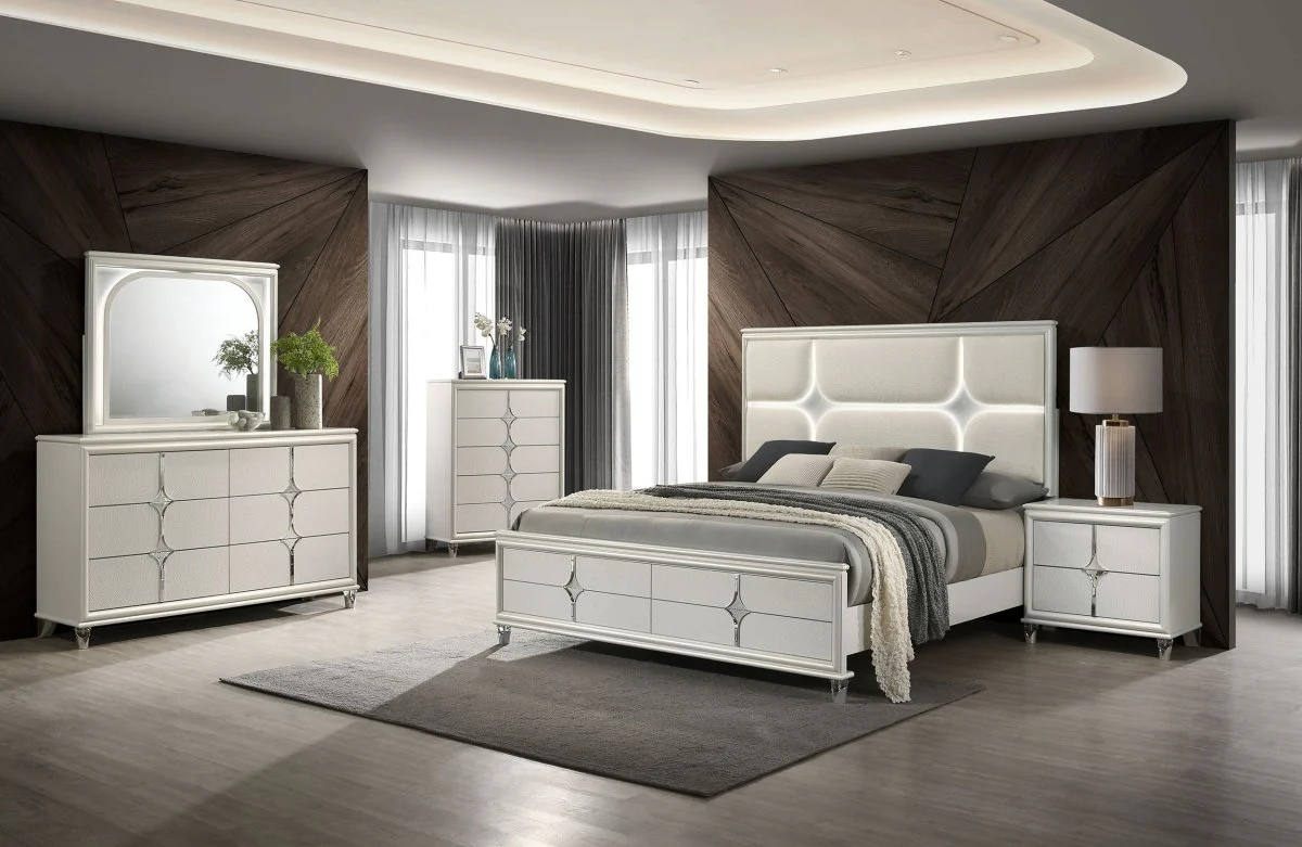 Olivia Queen Panel Bed with LED Headboard - Pearl White - Image 13
