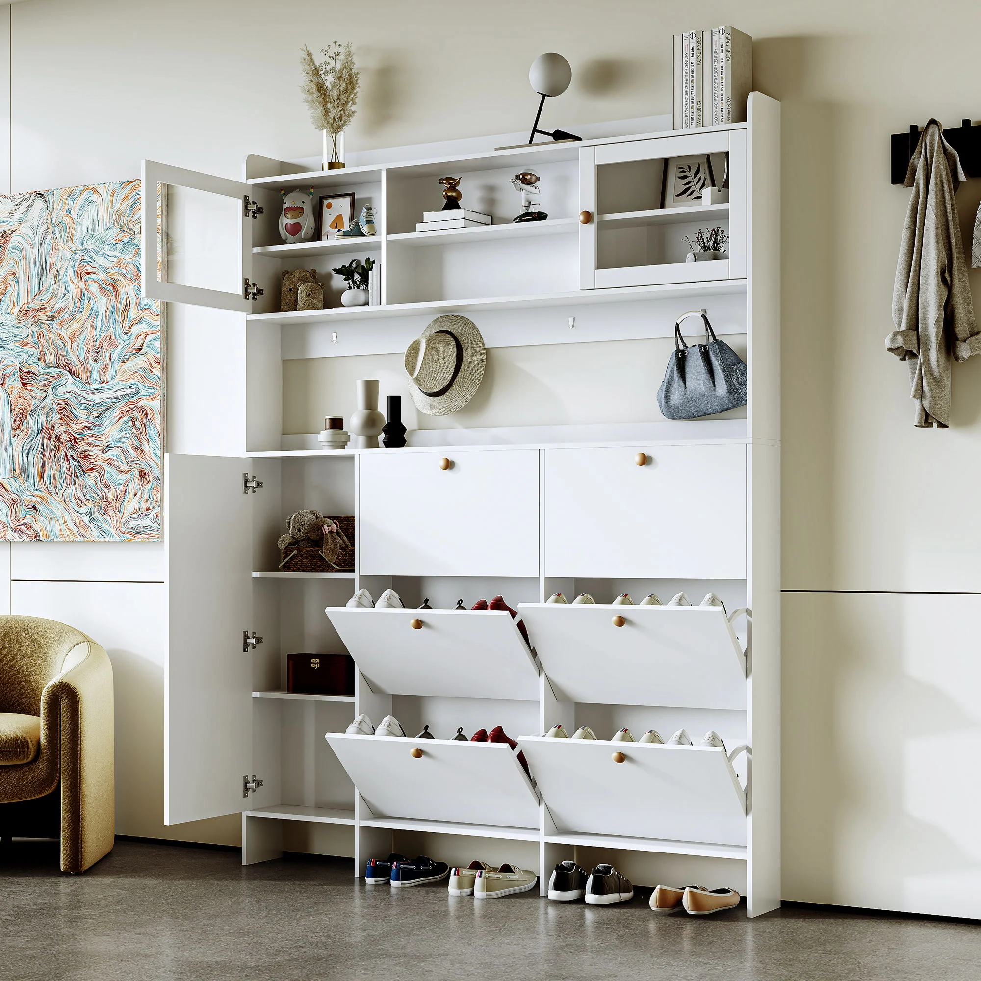 On Trend Multifunctional Tipping Bucket Shoe Cabinet With Storage Shelf & 6 Flip Drawers - Image 17