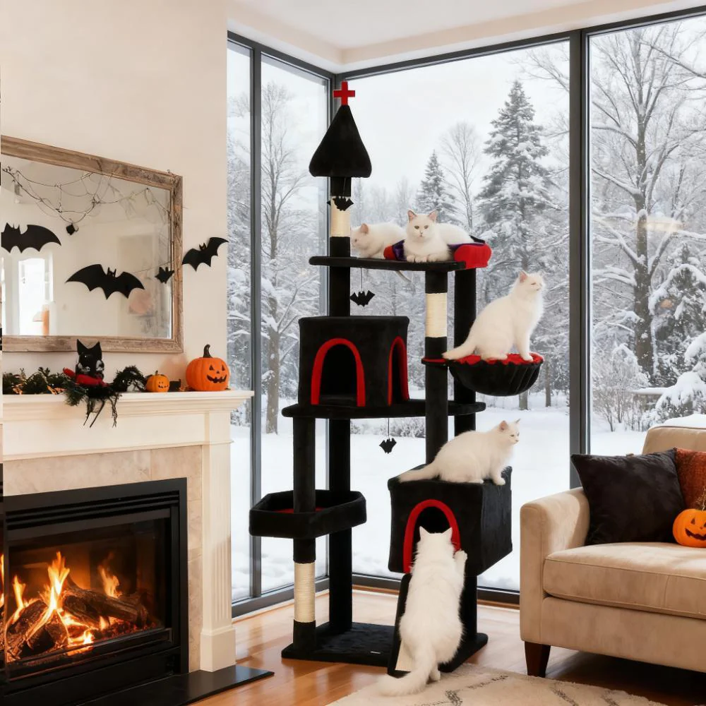 Onyx 78-Inch Gothic Castle Cat Tree with Coffin Bed and Bat Teasers - Image 3
