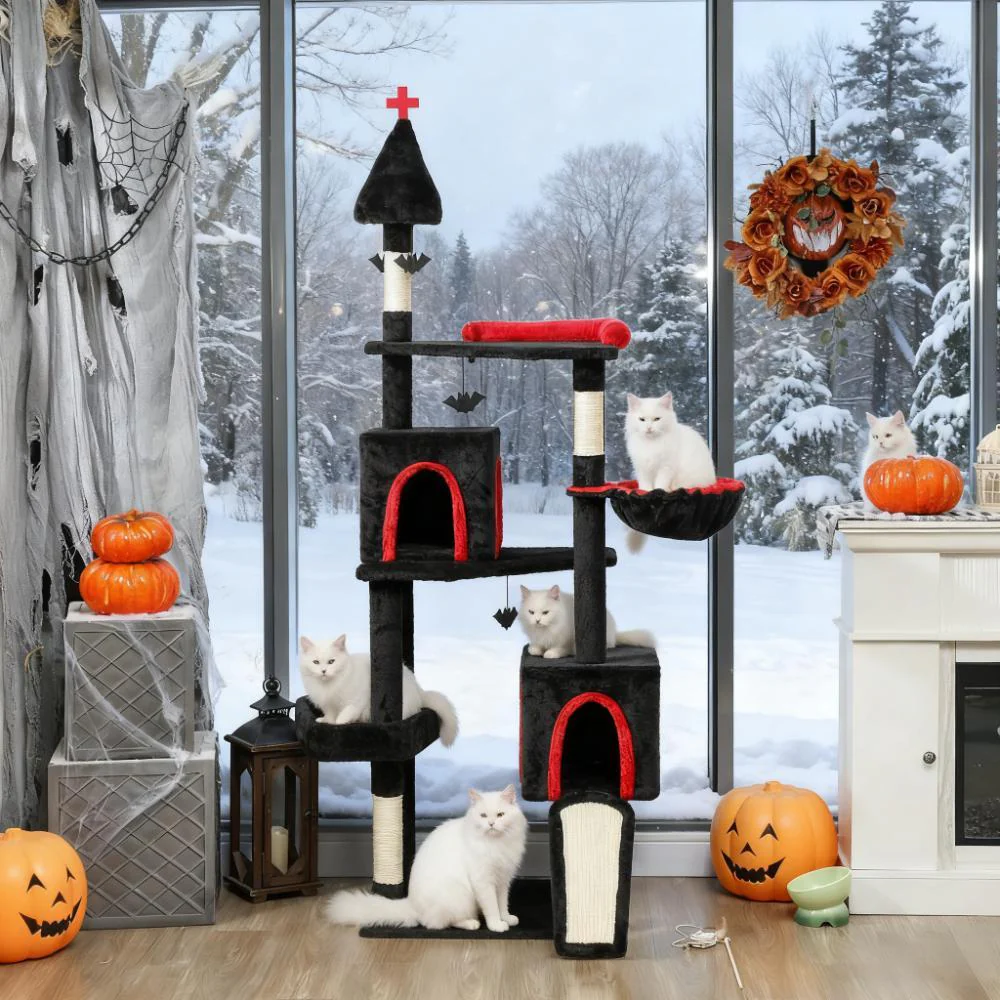 Onyx 78-Inch Gothic Castle Cat Tree with Coffin Bed and Bat Teasers - Image 4