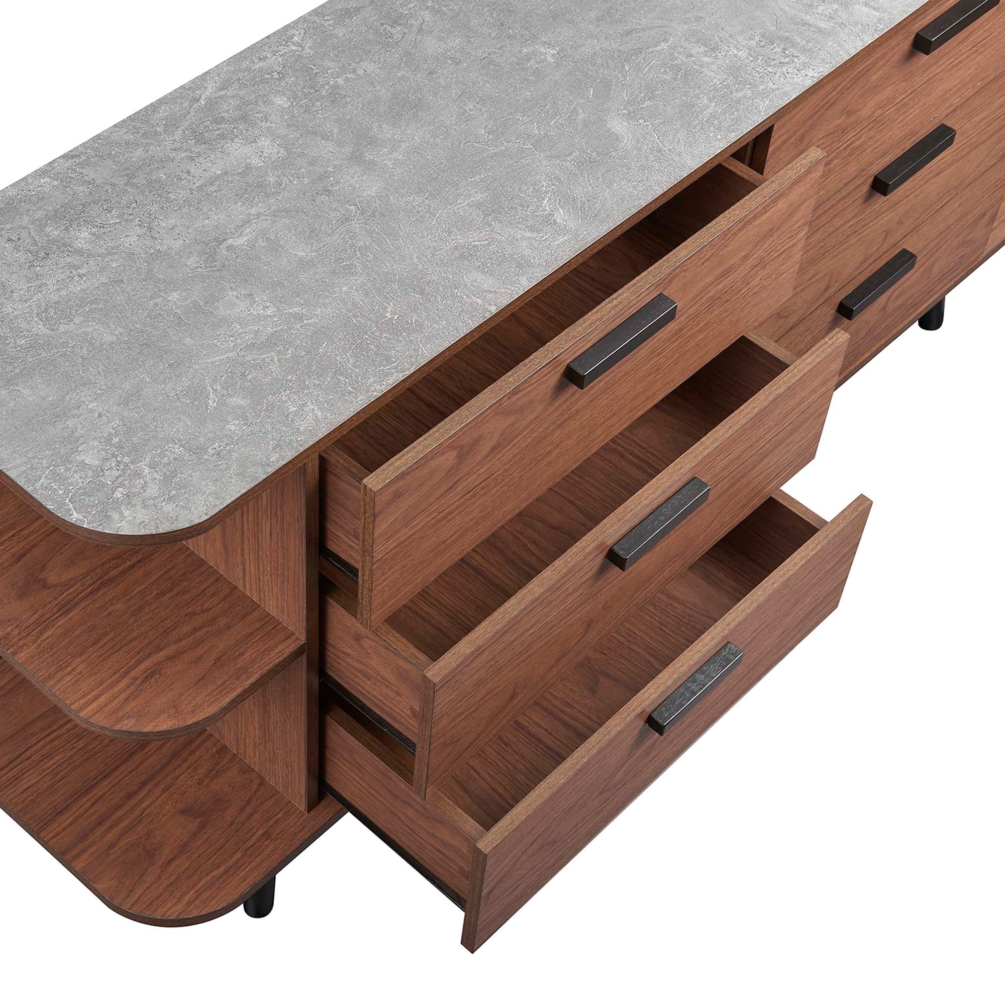 Open Display Sideboard Storage Cabinet with Drawers – Wood Grain Stone Top 63 Inch - Image 7
