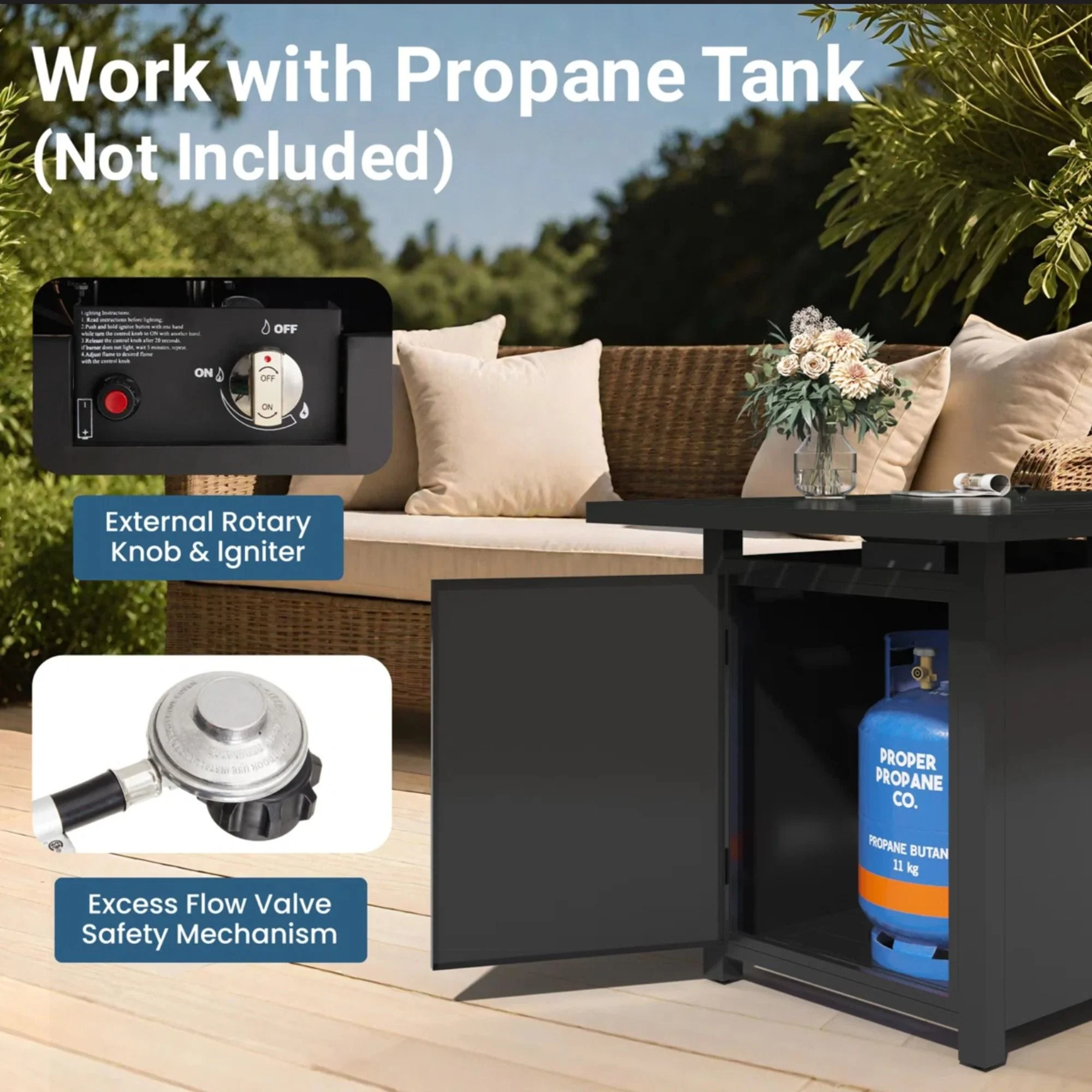 Outdoor 2 In 1 Gas Fire Pit Table With Lid & Glass Shield, Stainless Burner, Lava Rock, Rectangular Design - Black - Image 4