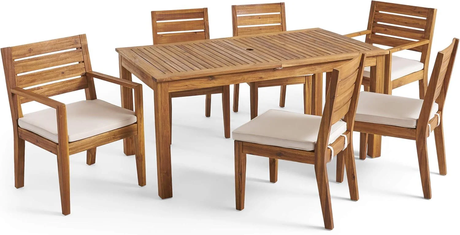Outdoor 6 Seater Expandable Dining Set With Cushions - Sandblasted Natural / Beige - Image 6