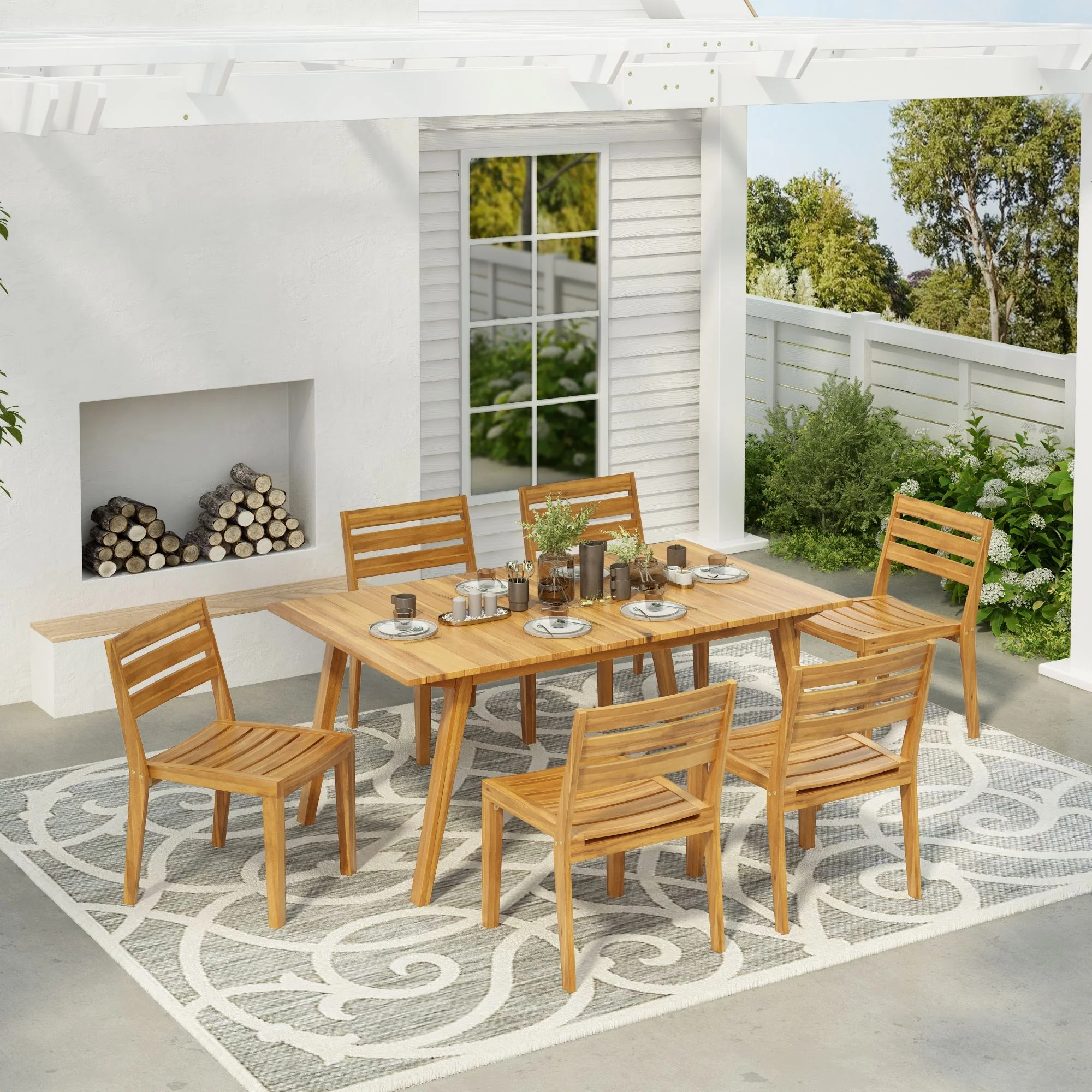 Outdoor 7 Pieces Outdoor Dining Set - Teak - Image 8