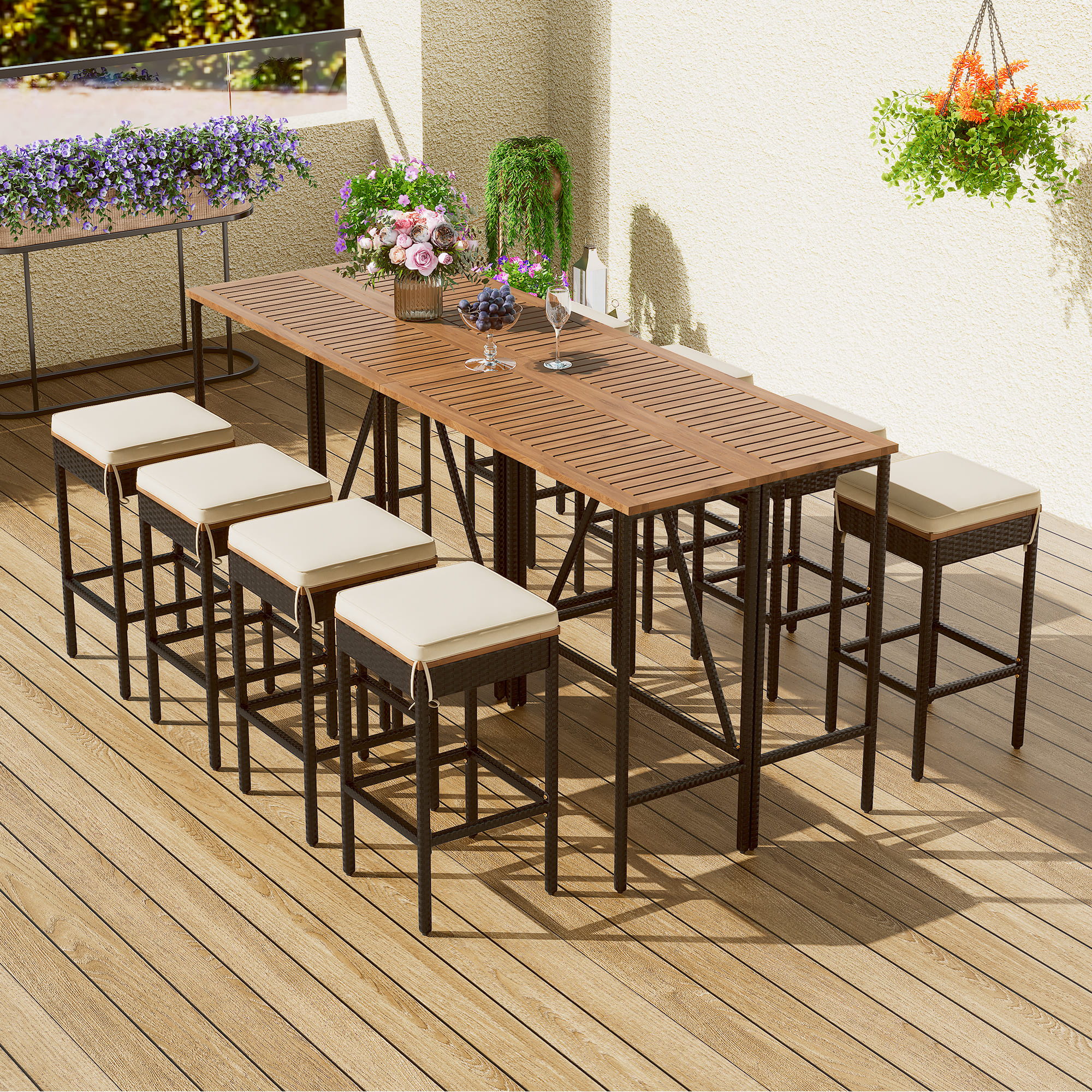 Outdoor Acacia Wood Bar Height Table And Eight Stools With Cushions - Image 12