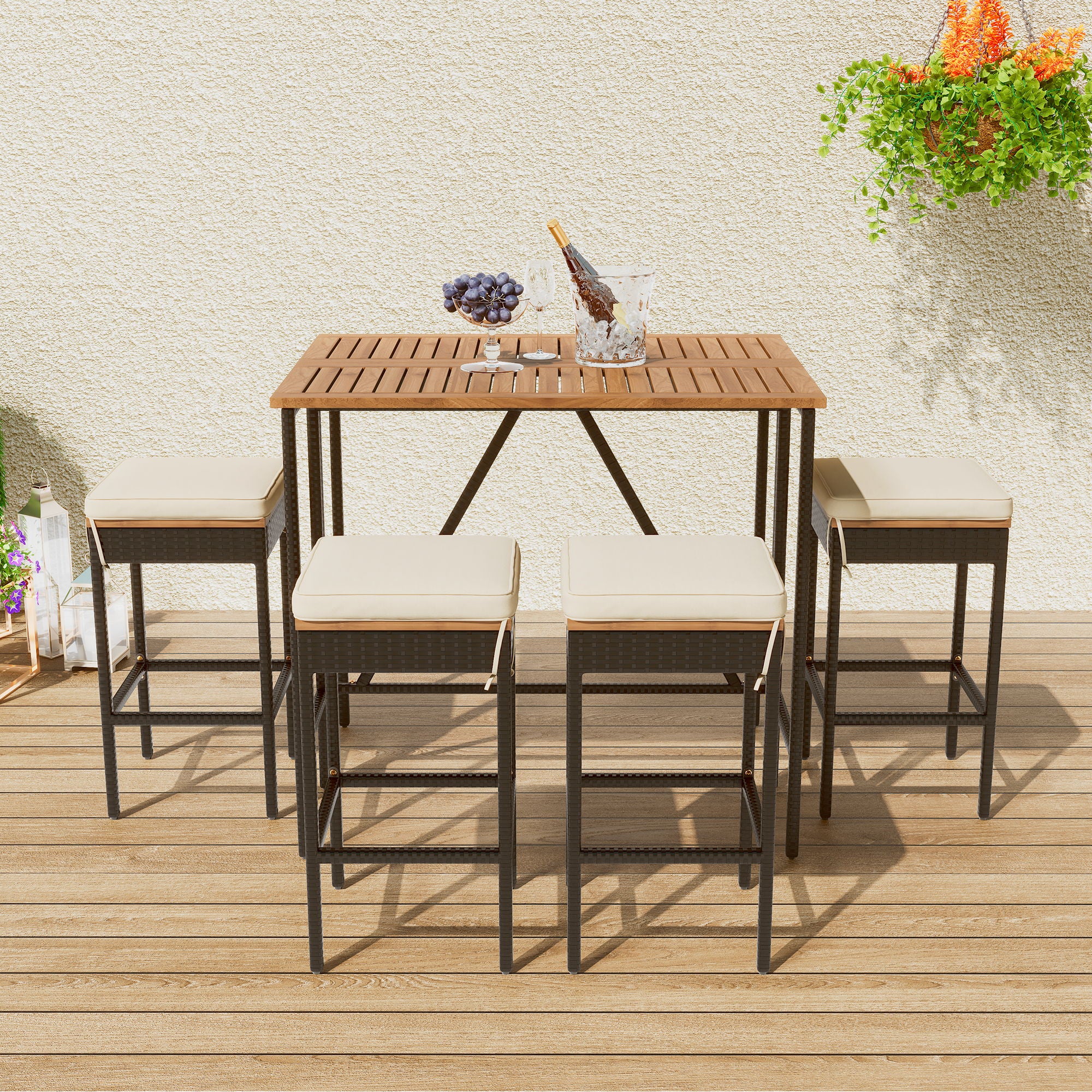 Outdoor Acacia Wood Bar Height Table And Eight Stools With Cushions - Image 13