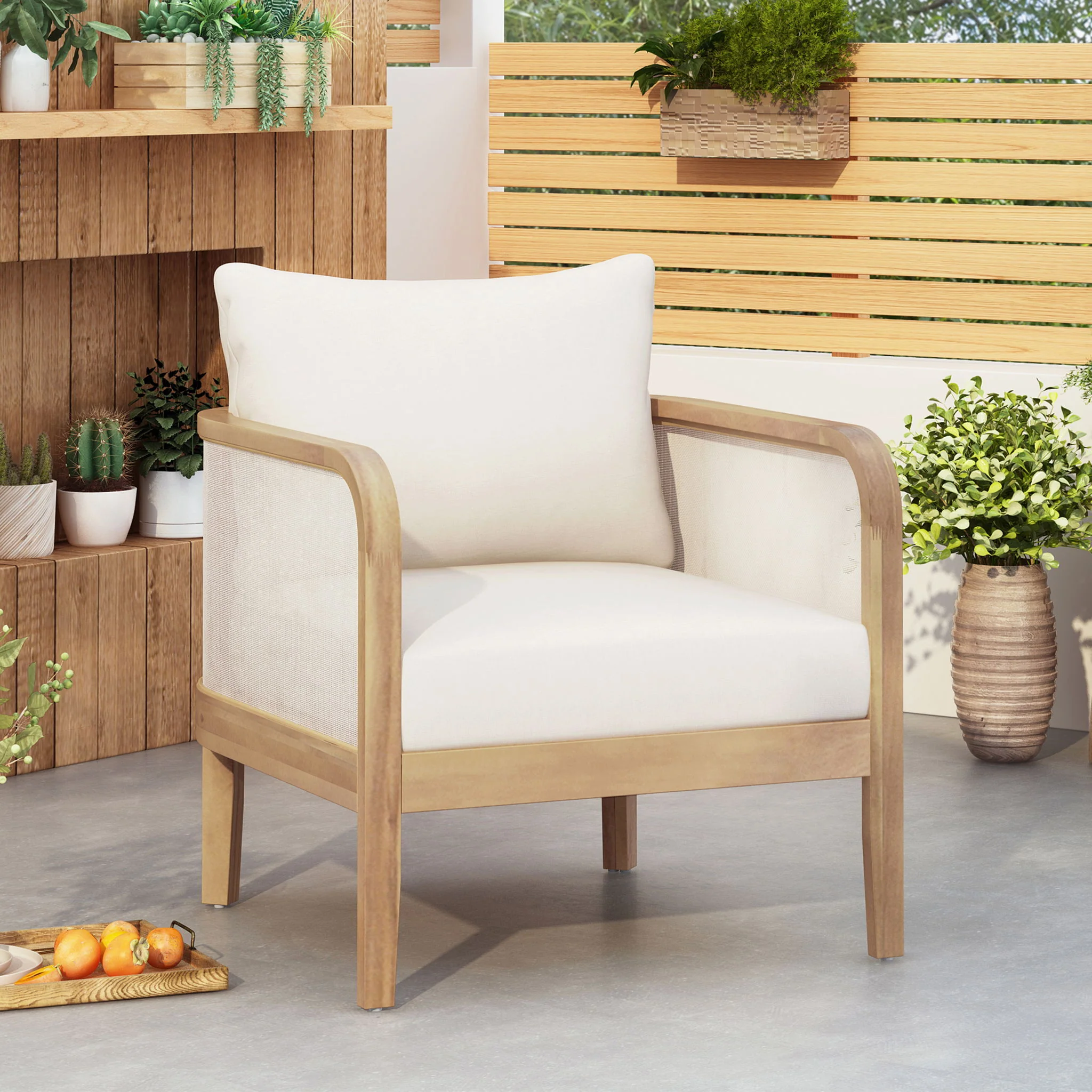 Outdoor Acacia Wood Patio Club Chair, Textilene Patio Furniture, Waterproof Thick Cushion Deep Seating For Porch, Garden, Backyard, Balcony, Weight Capacity 400Lbs, Light Teak - Beige - Image 9
