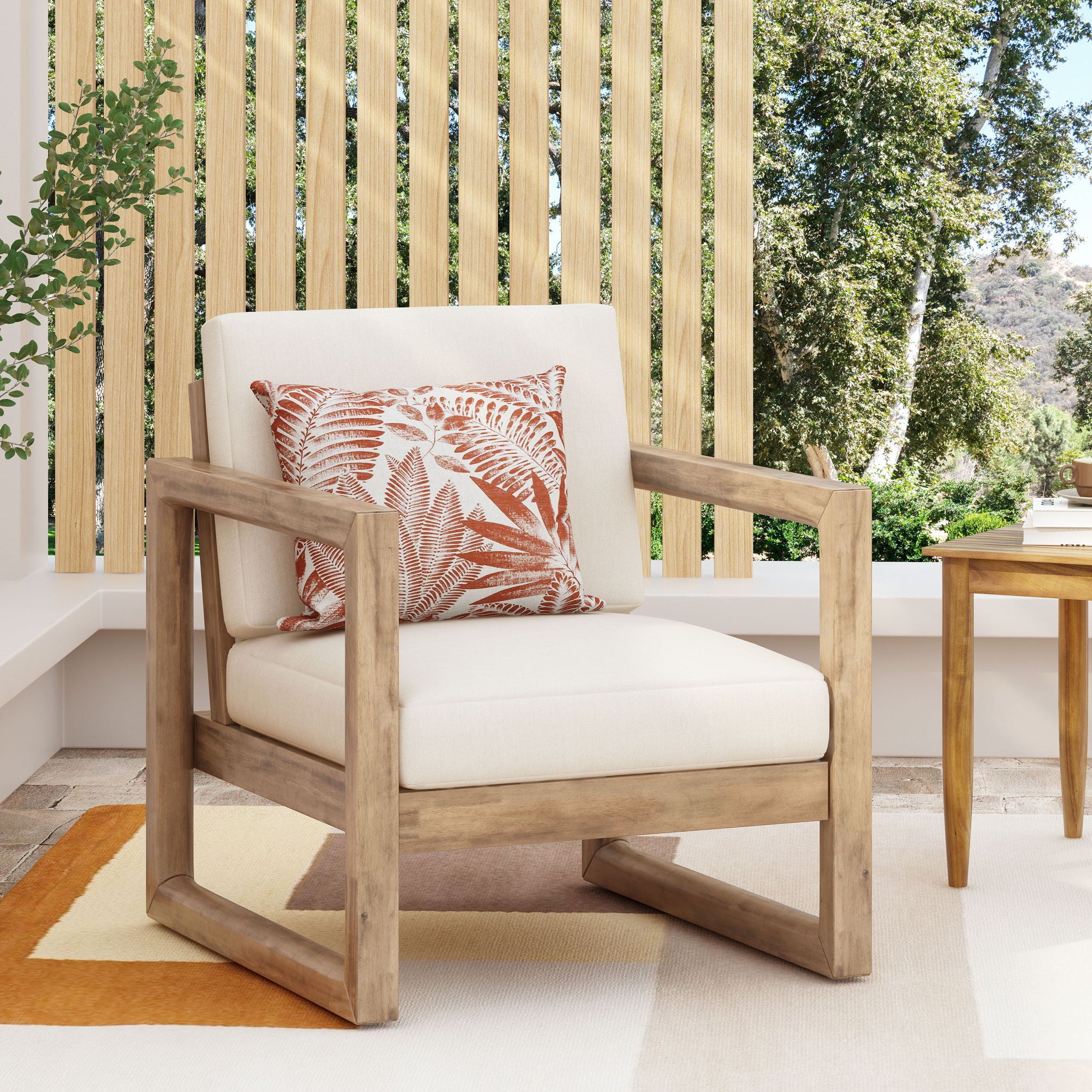 Outdoor Acacia Wood Patio Club Chair, Wood Patio Furniture, Waterproof Thick Cushion Deep Seating For Porch - Brown Wash / Beige - Image 5