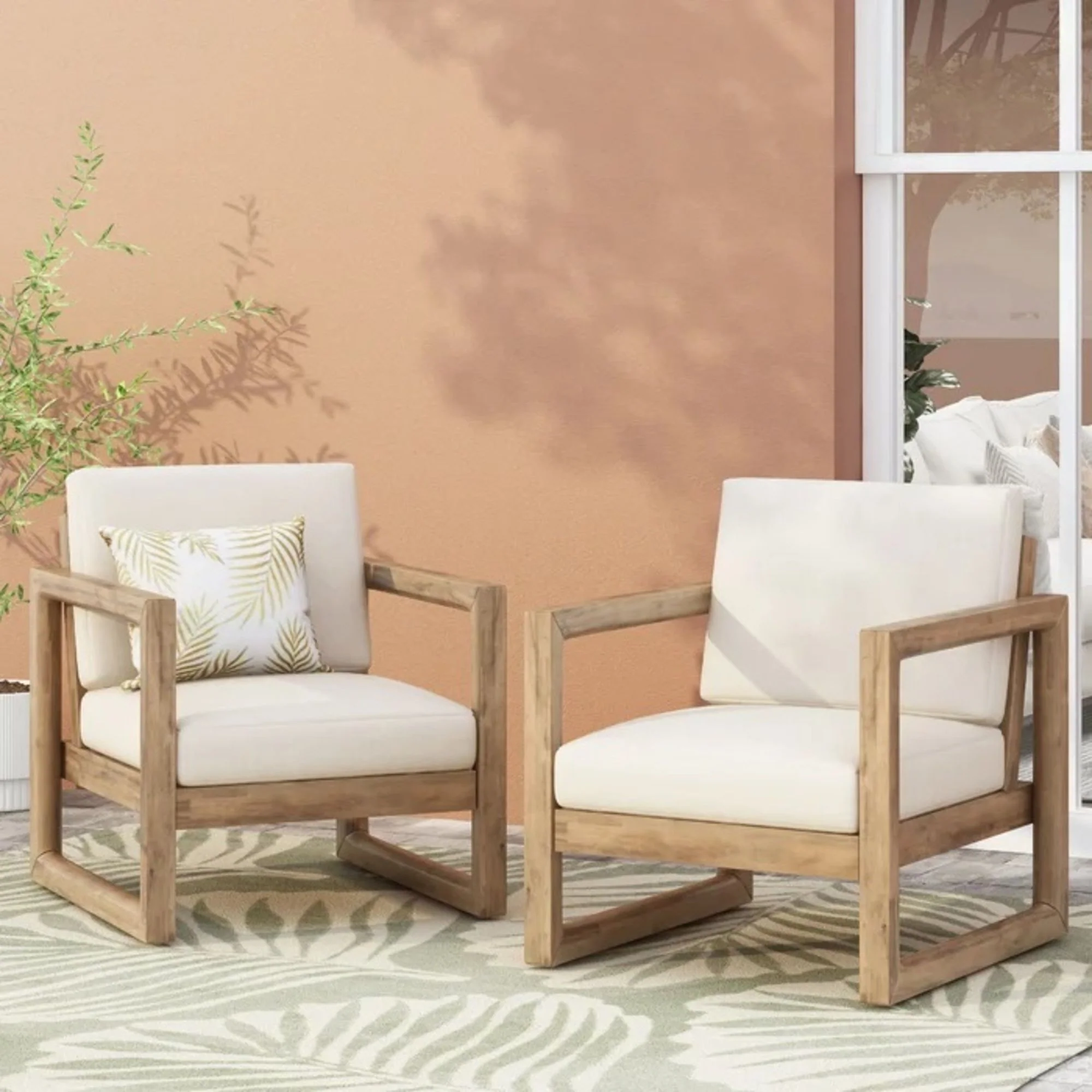 Outdoor Acacia Wood Patio Club Chair, Wood Patio Furniture, Waterproof Thick Cushion Deep Seating For Porch - Brown Wash / Beige - Image 8
