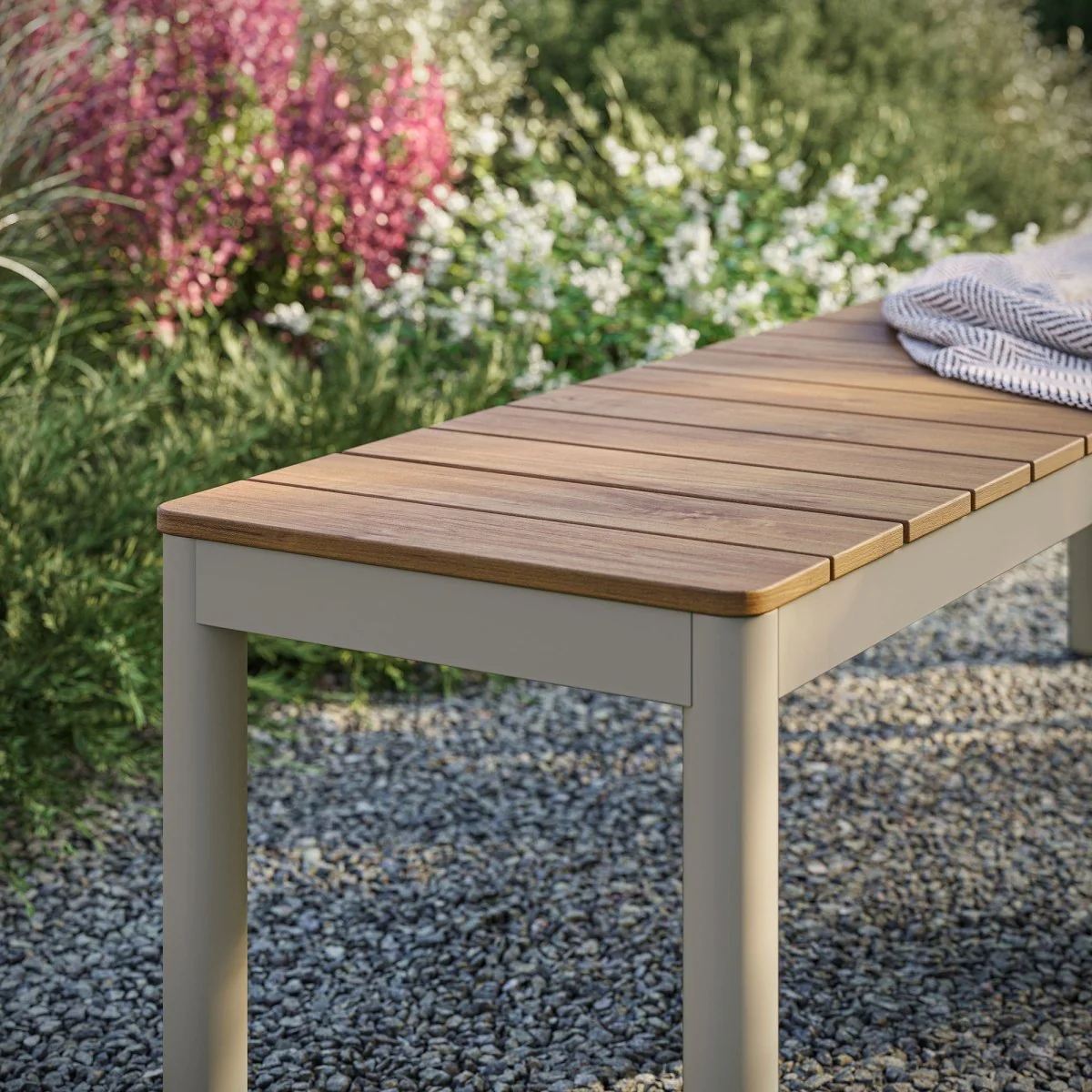 63" Outdoor Aluminum Bench with Faux Wood Top – Natural - Image 4