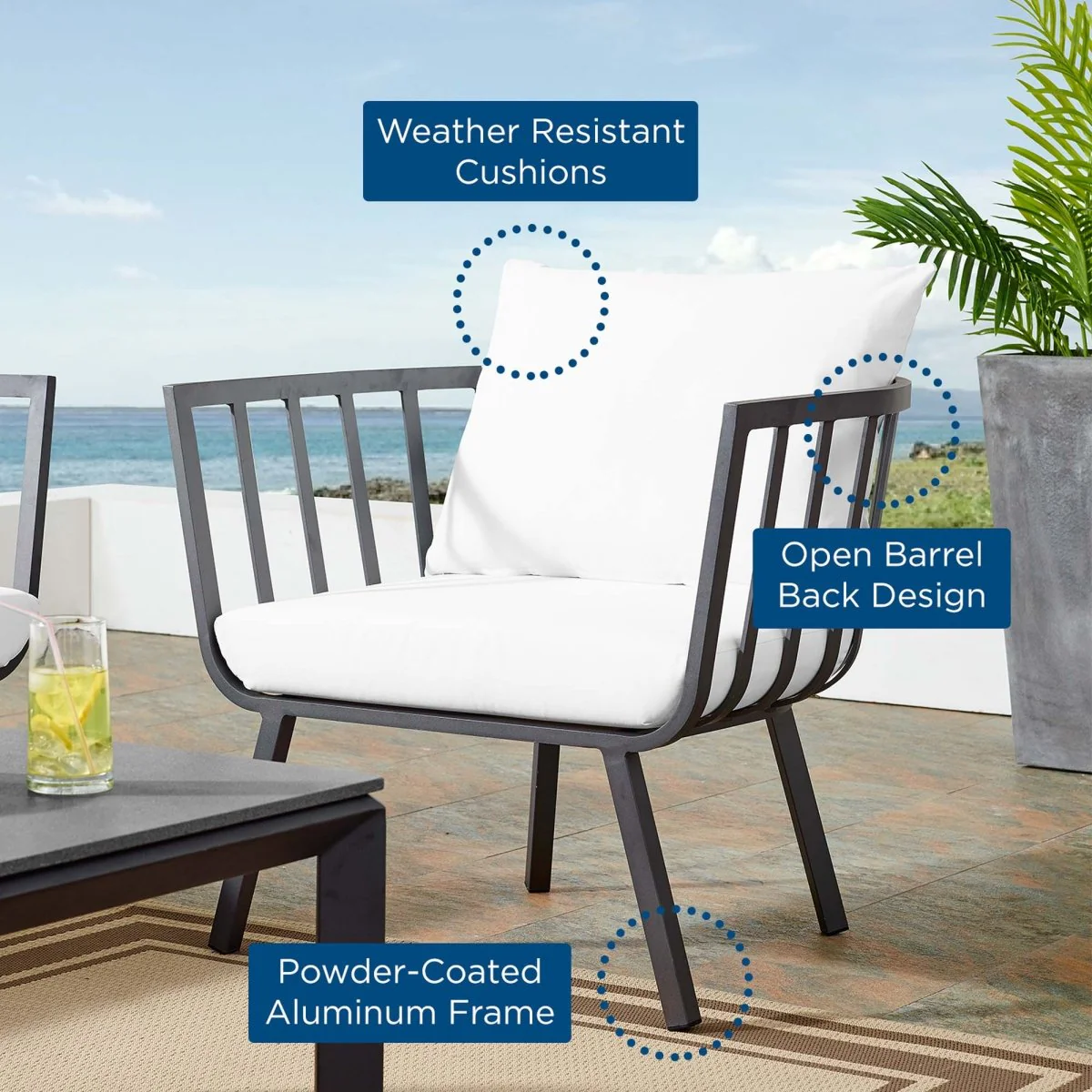 Outdoor Aluminum Patio Armchair with Armrests and Weather-Resistant Slatted Design - Image 16