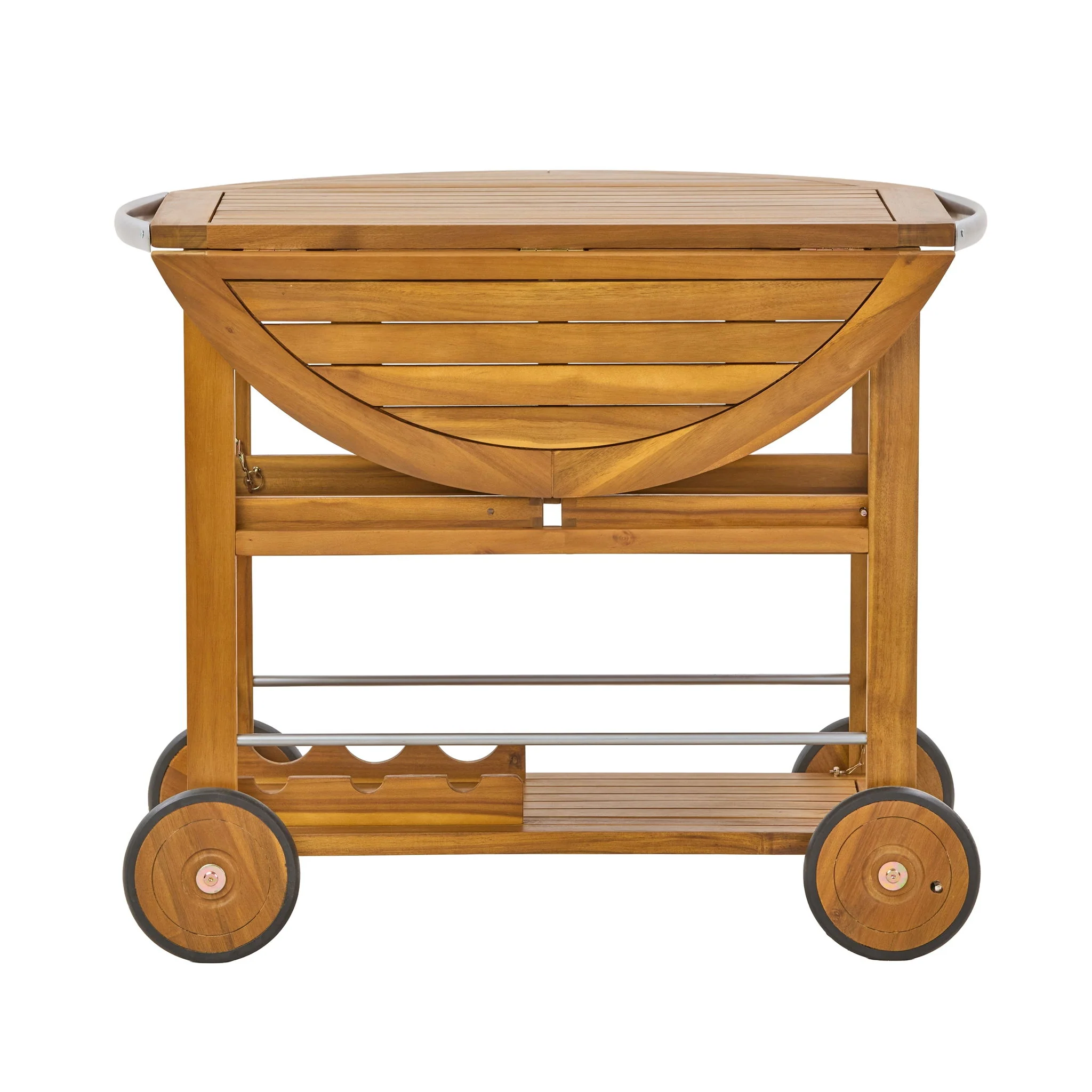 Outdoor Bar Cart With Foldable Tabletop & Removable Trays - Teak - Image 7