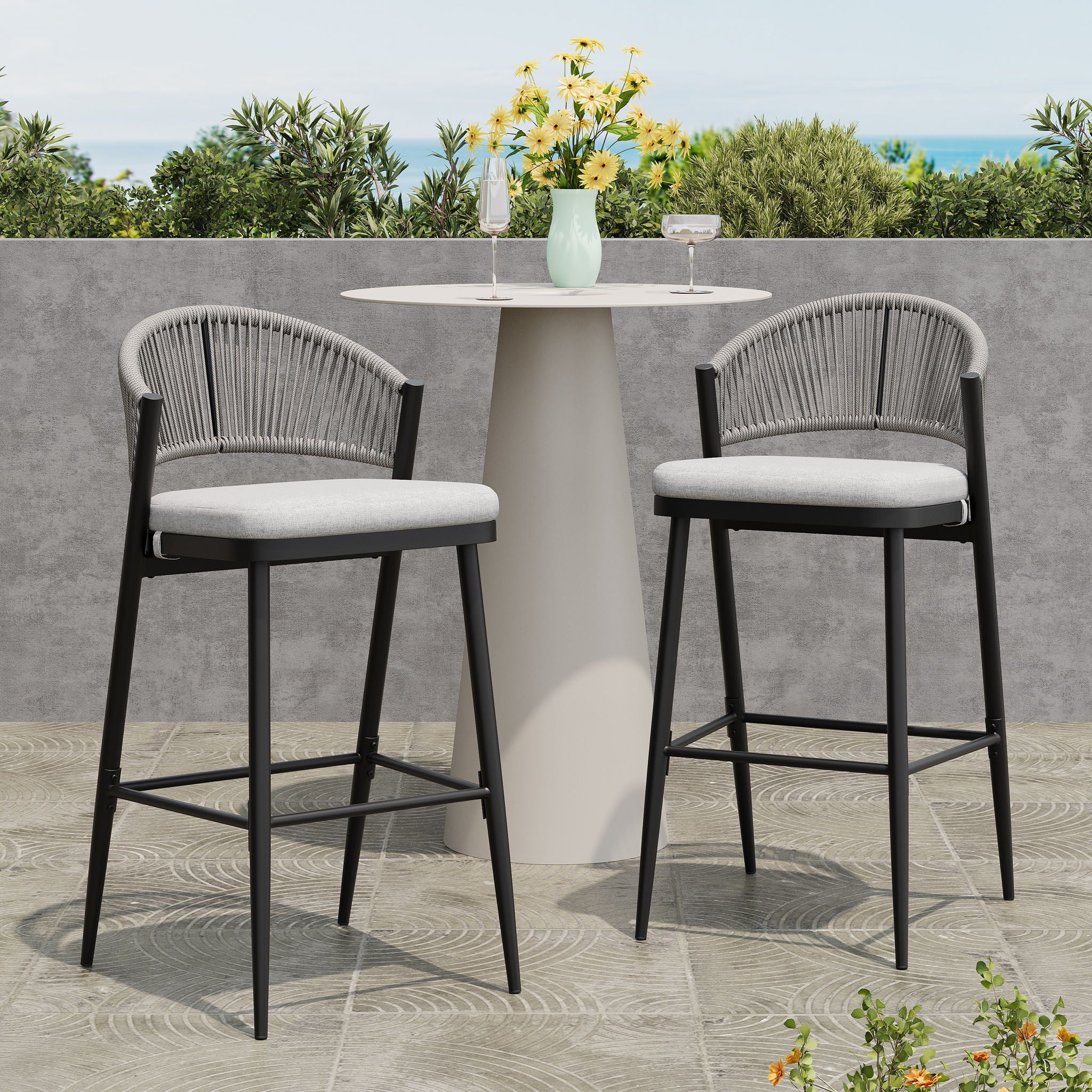 Outdoor Bar Height Metal Frame Counter Stools With Scallop Shaped Backrest & Water Resistant Cushions - Image 33