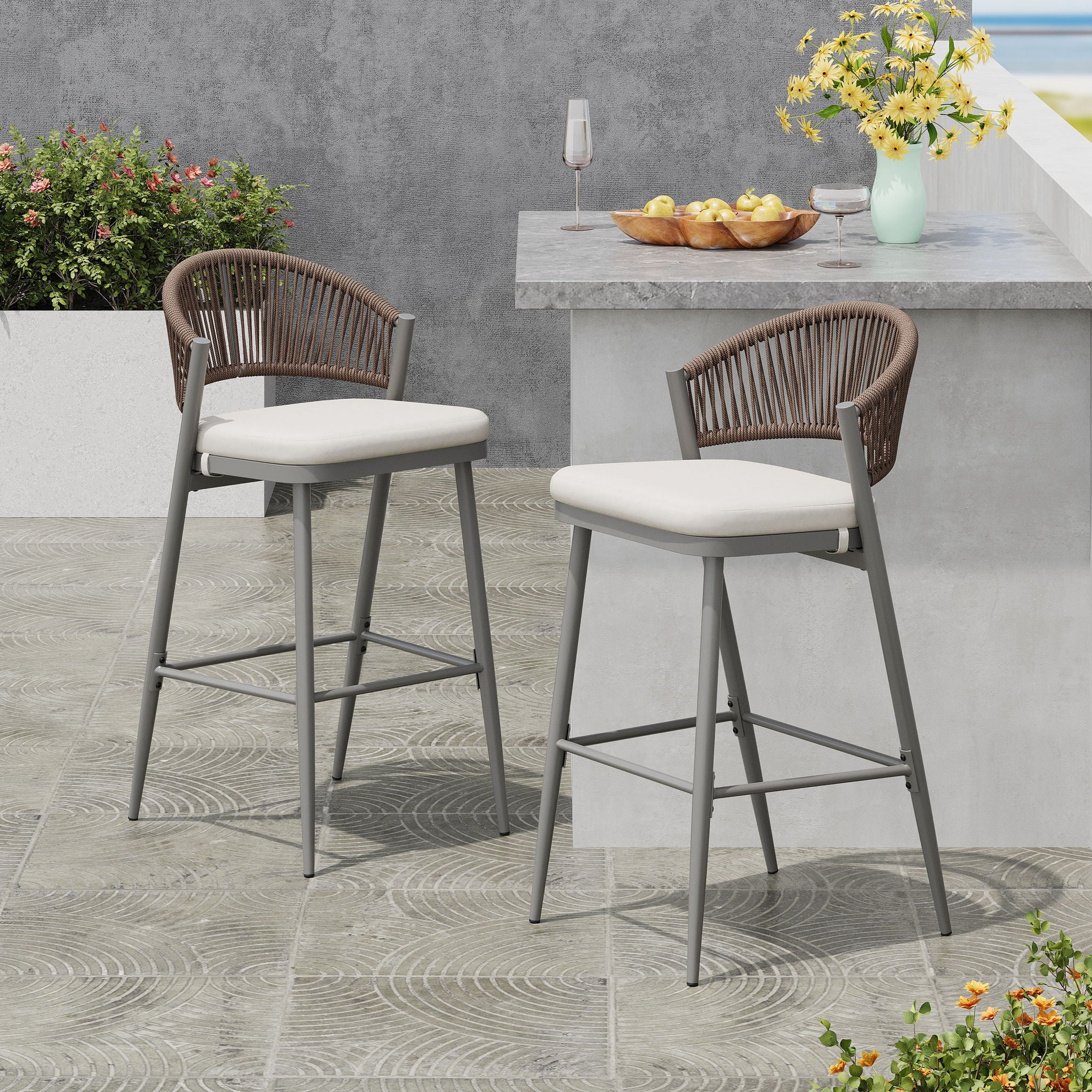 Outdoor Bar Height Metal Frame Counter Stools With Scallop Shaped Backrest & Water Resistant Cushions - Image 35