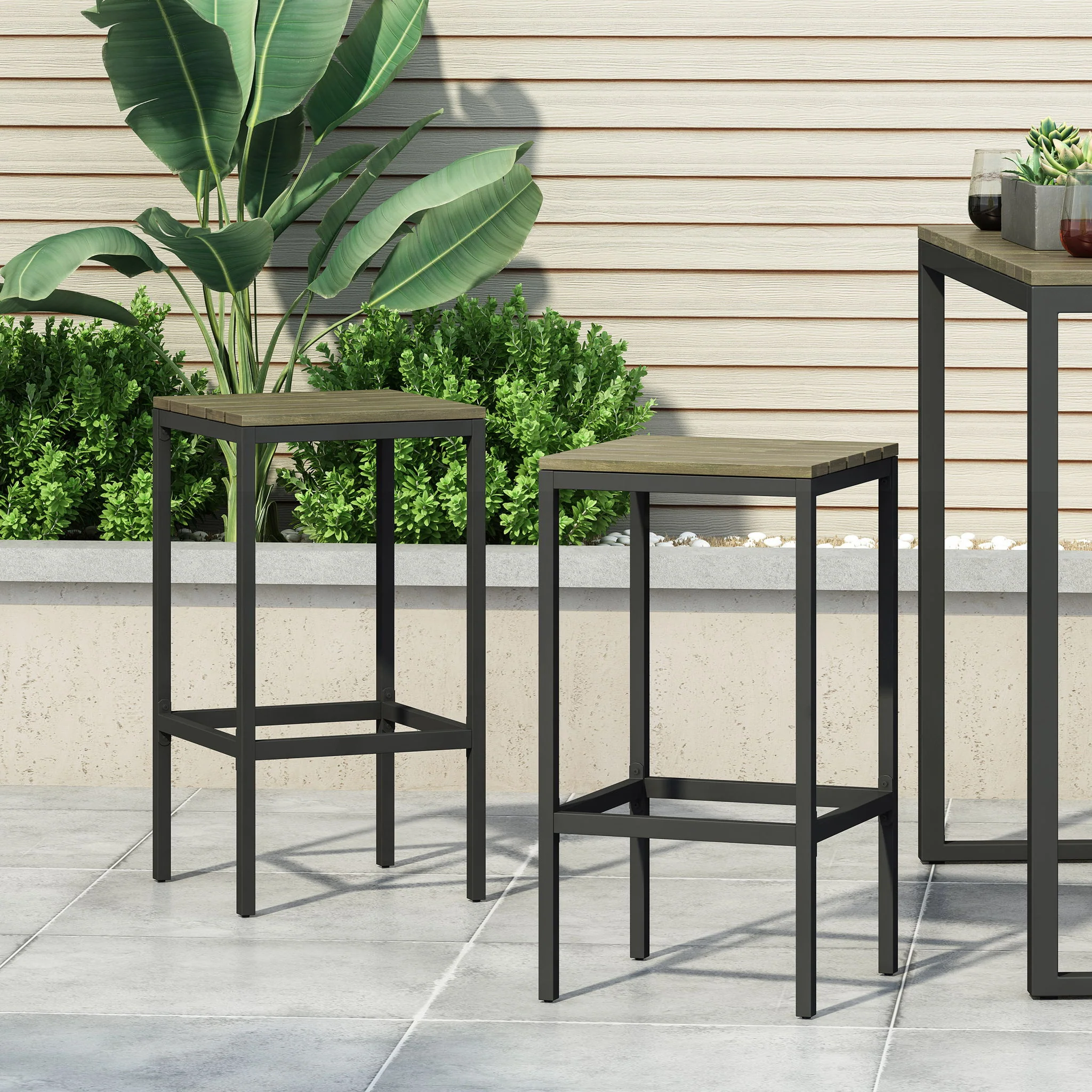 Outdoor Bar Stool With Slat Design And Metal Frame (Set of 2) - Image 7