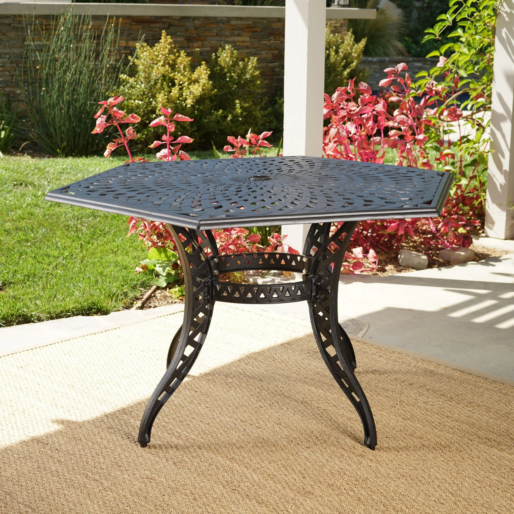 Outdoor Cast Aluminum Dining Table With Lattice Top And Umbrella Hole - Black - Image 7