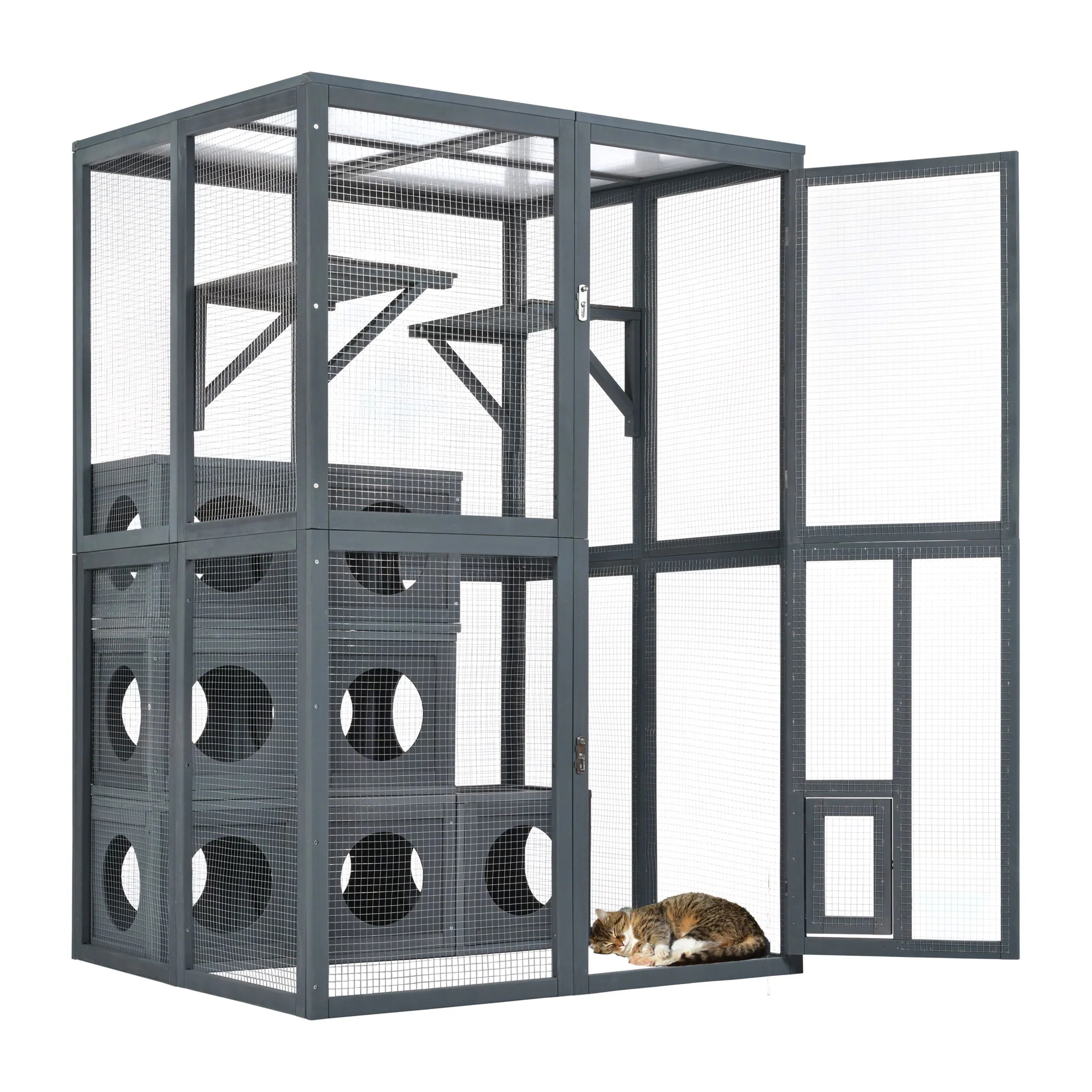 Outdoor Cat House With Shelves And Weather Protection, Removable Wood Boxes - Gray - Image 8